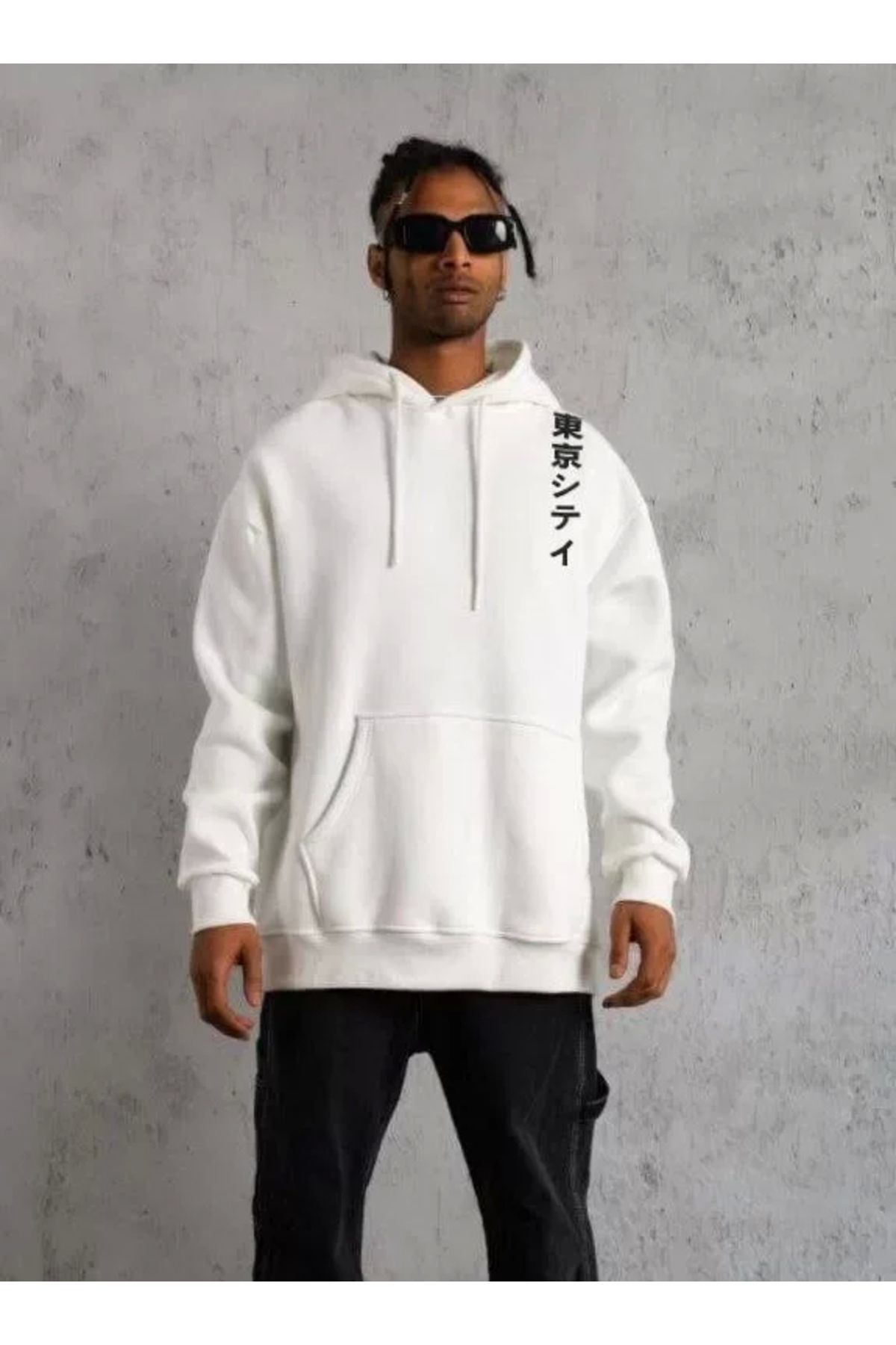 MODA Unisex Kapşonlu Uzun Kol Baskılı weetshirt Beyaz