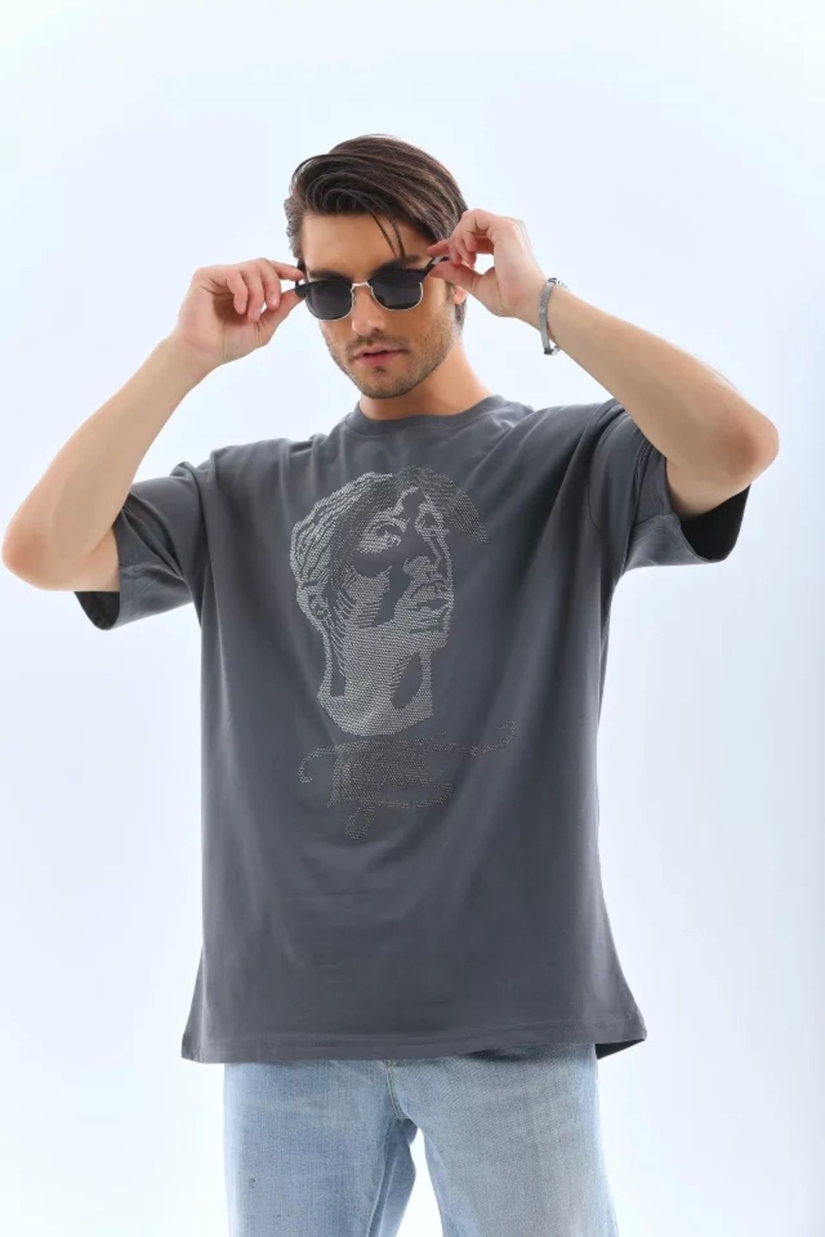 MODA Unisex Oversize Taşlı Bisiklet Yaka Thirt Füme