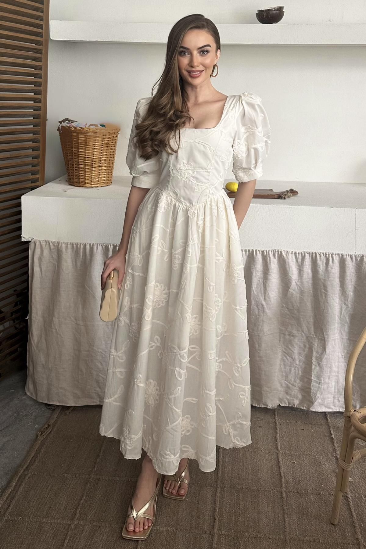 Elbee Fashion Woman Balon Kol Nakış Detaylı Brode Elbise