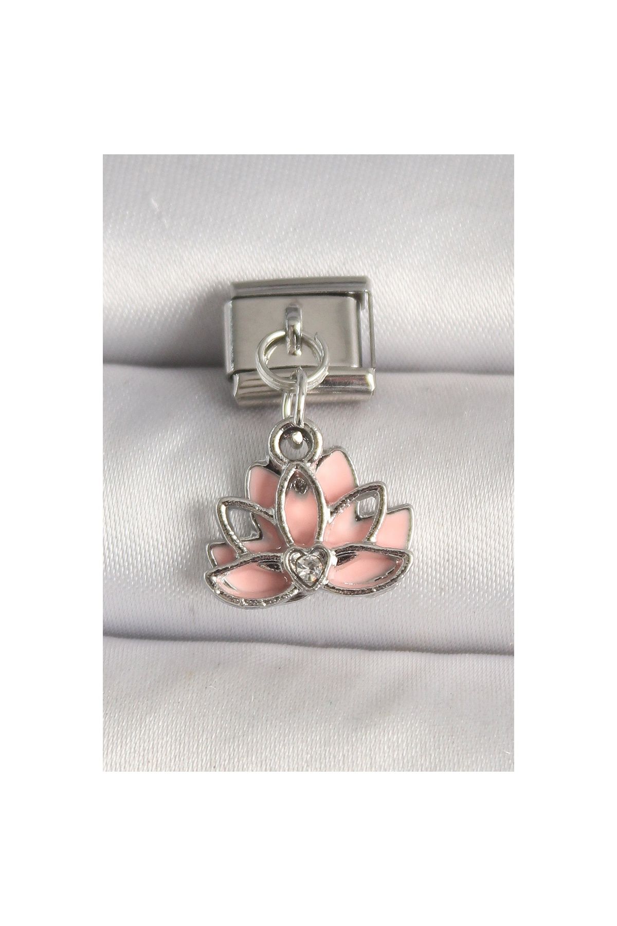 maarketim 316L Çelik Gümüş Renk Pembe Lotus Model Zirkon Taş Detaylı Nomination Charm