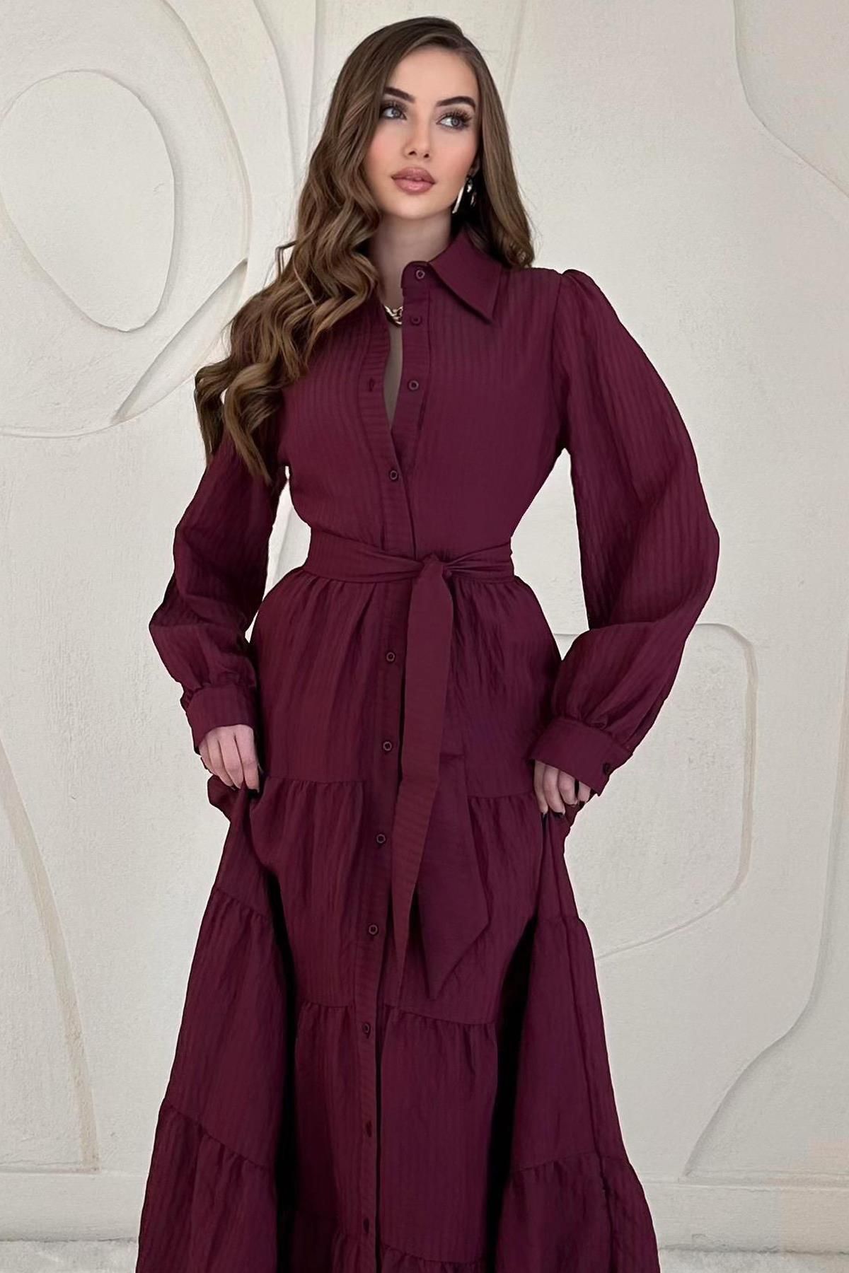 Elbee Fashion Woman Modal Jakar Çizgili Uzun Elbise