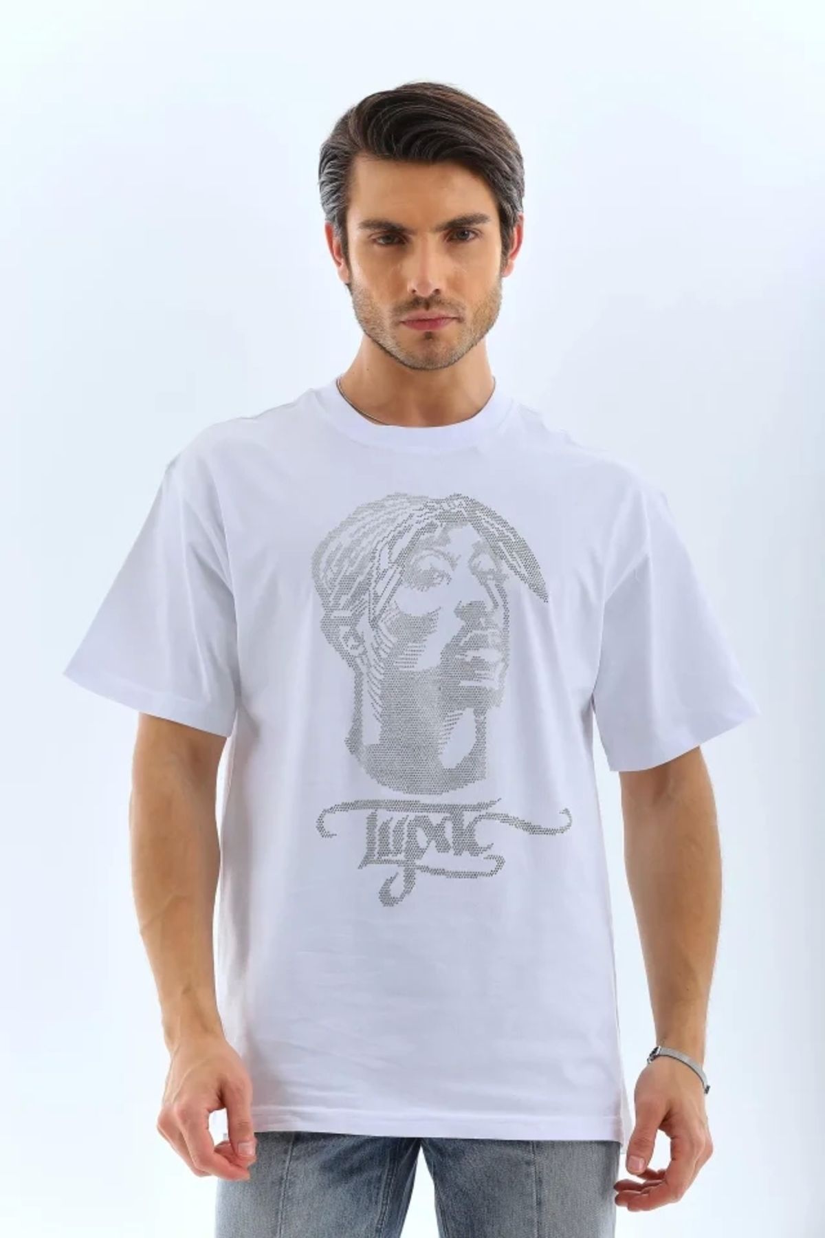 MODA Unisex Oversize Taşlı Bisiklet Yaka Thirt Beyaz