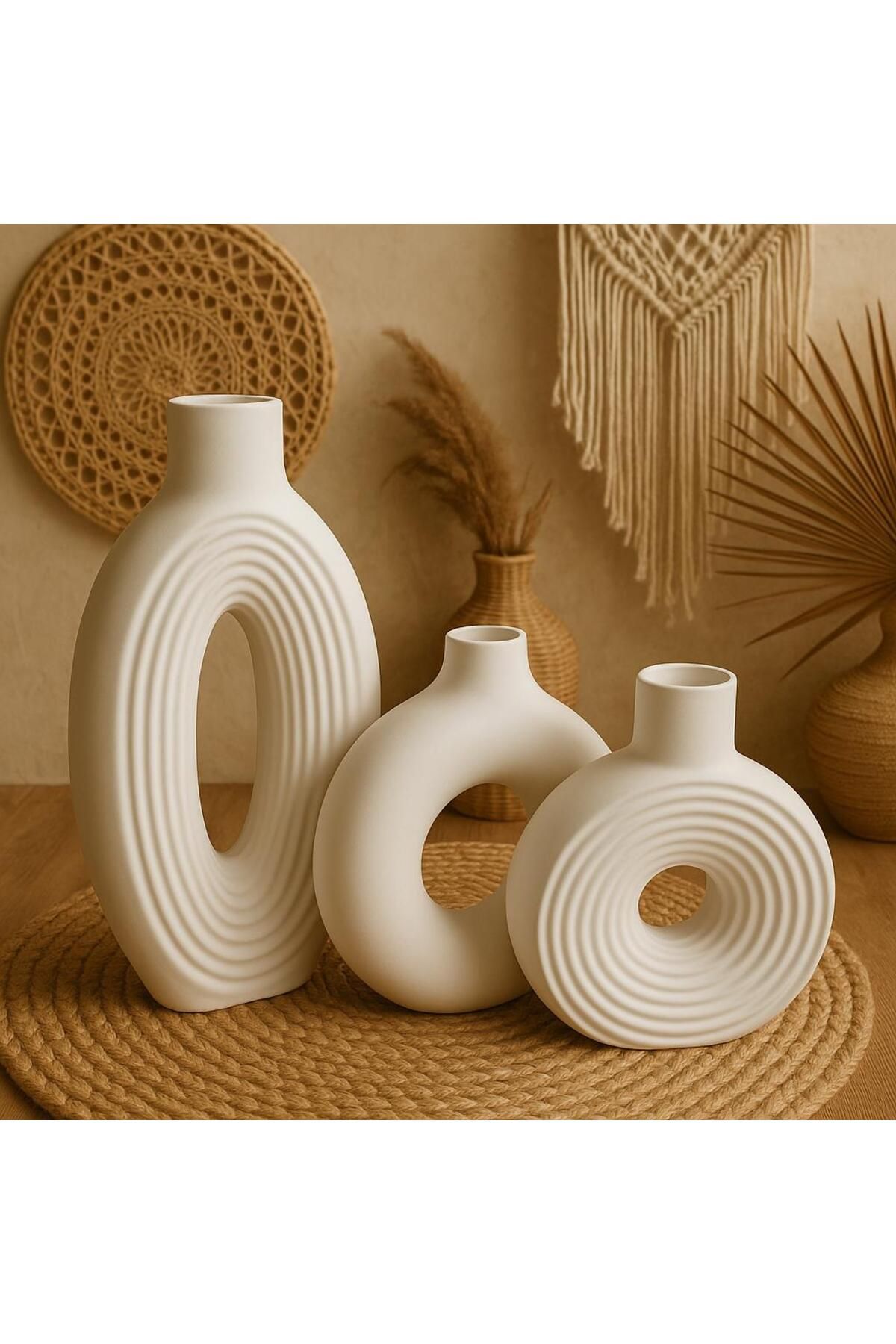 Arteliss Bohem İskandinav Tarzı Modern Çizgili Dekoratif Vazo - Üçlü Set – Beyaz