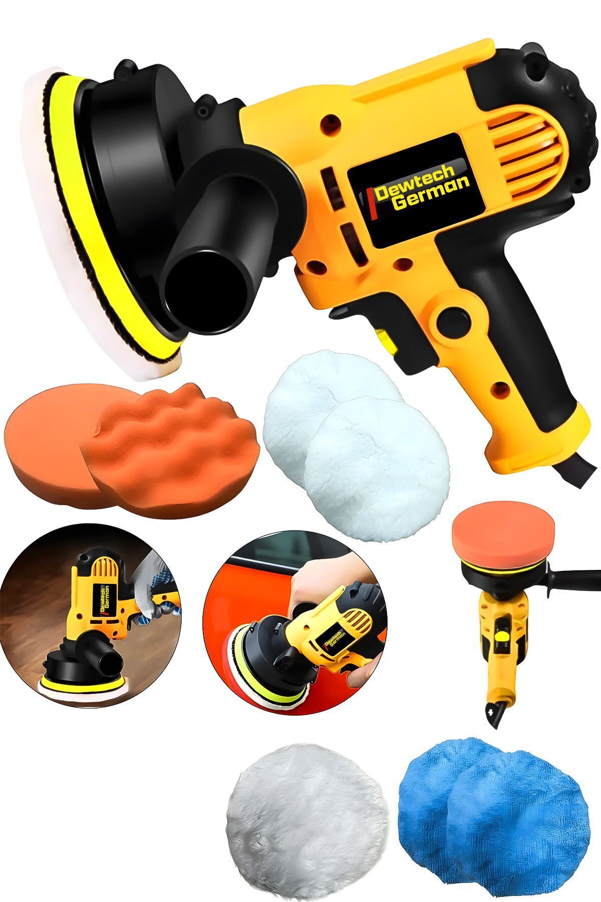 Dewtech German Setli 6 Kademe Devir Ayarlı 115 MM Dik Polisaj Halı Koltuk Yıkama Cila Polisaj Makinası Sarı