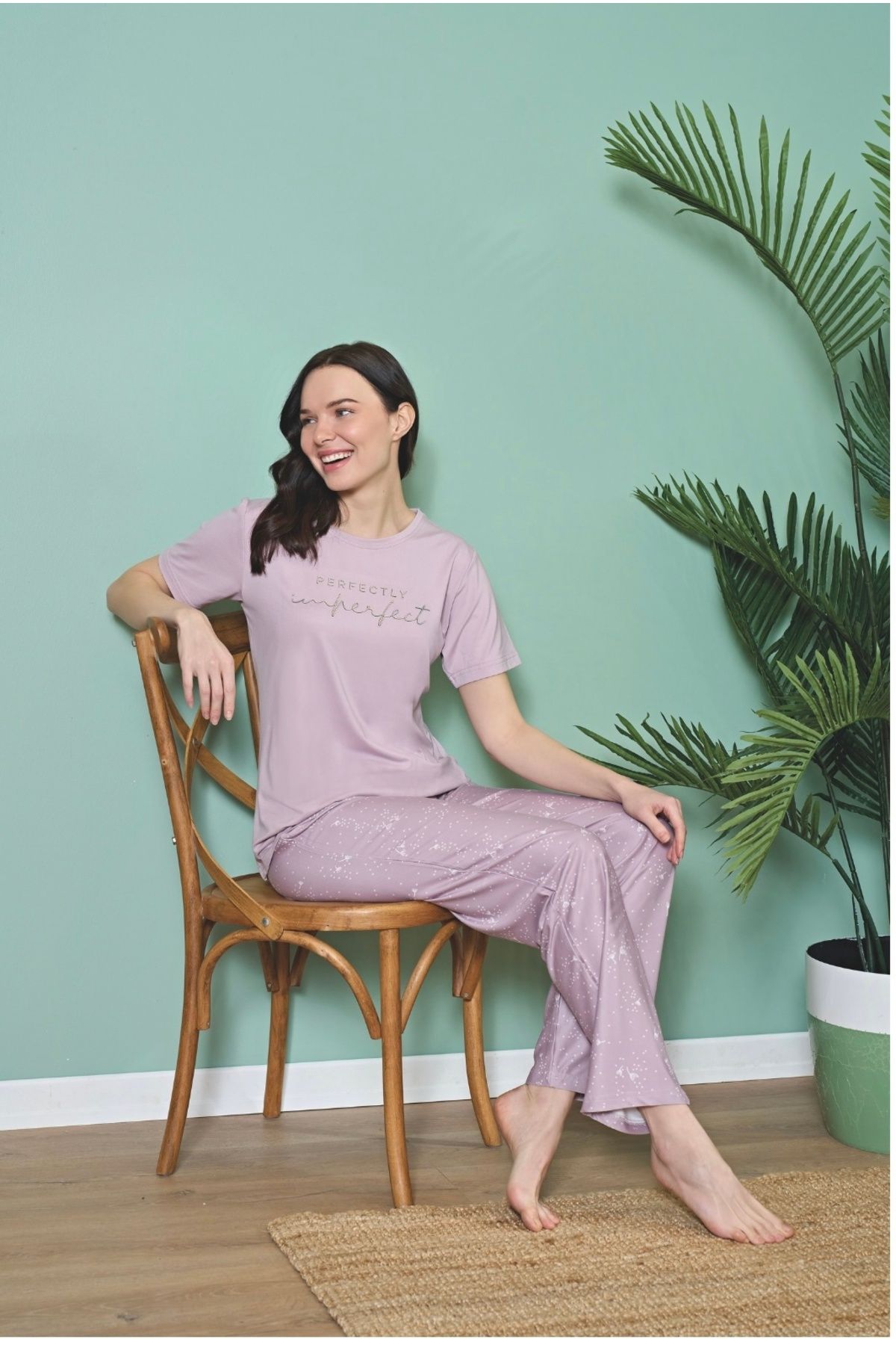 Over Sleep by Poleren Tüylenmez Kırışmaz Kumaş Kısa Kol Yazlık Kadın Pijama Takımı