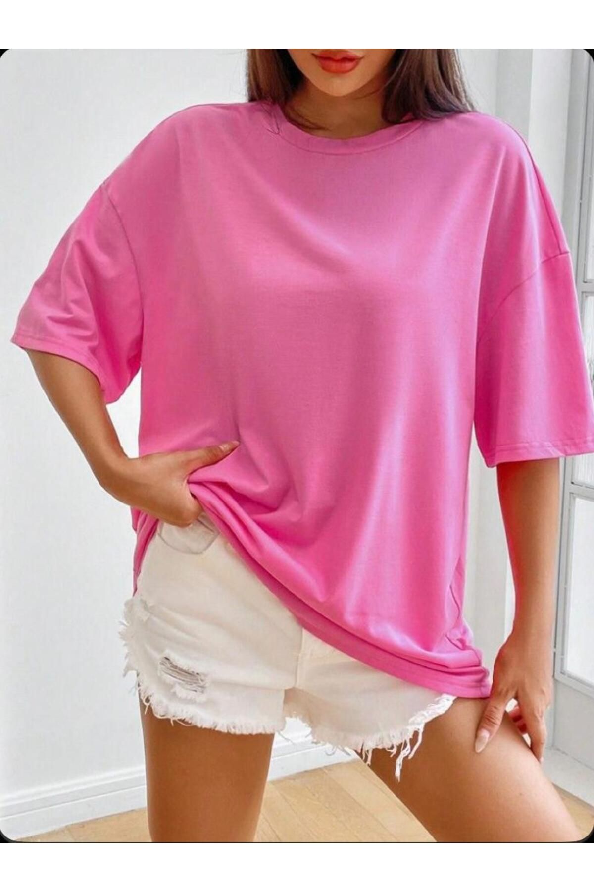 KANERUZ Unisex Rahat Kesim Bisiklet Yaka Pembe Tişört