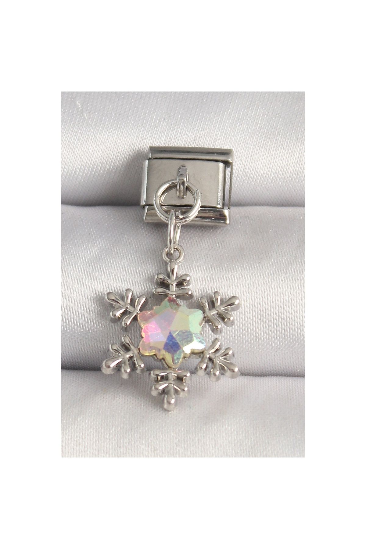 maarketim 316L Çelik Gümüş Renk Hologram Mineli Kar Tanesi Model Nomination Charm