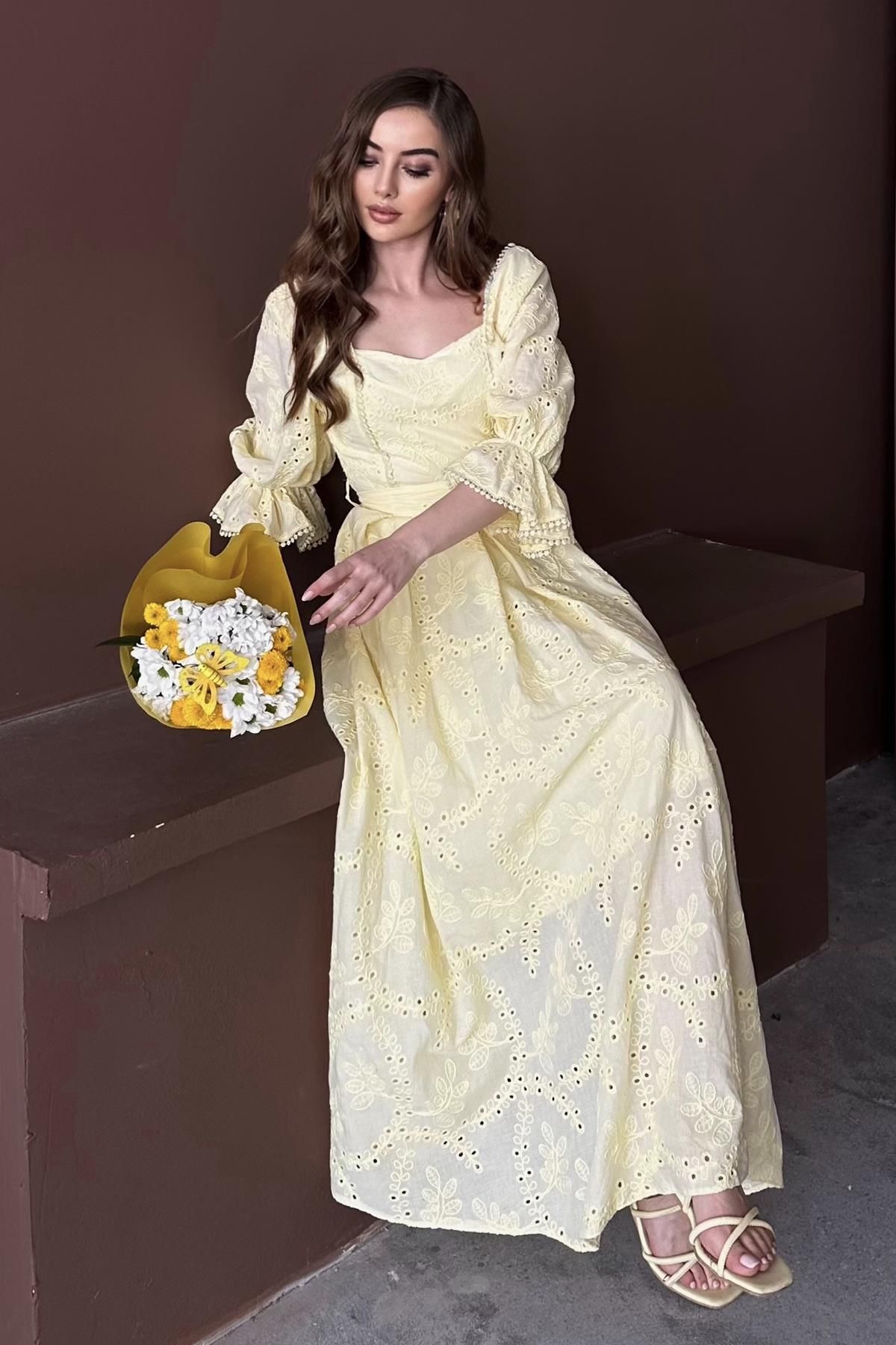 Elbee Fashion Woman Kolu Lastikli Fistolu Kuşaklı Elbise