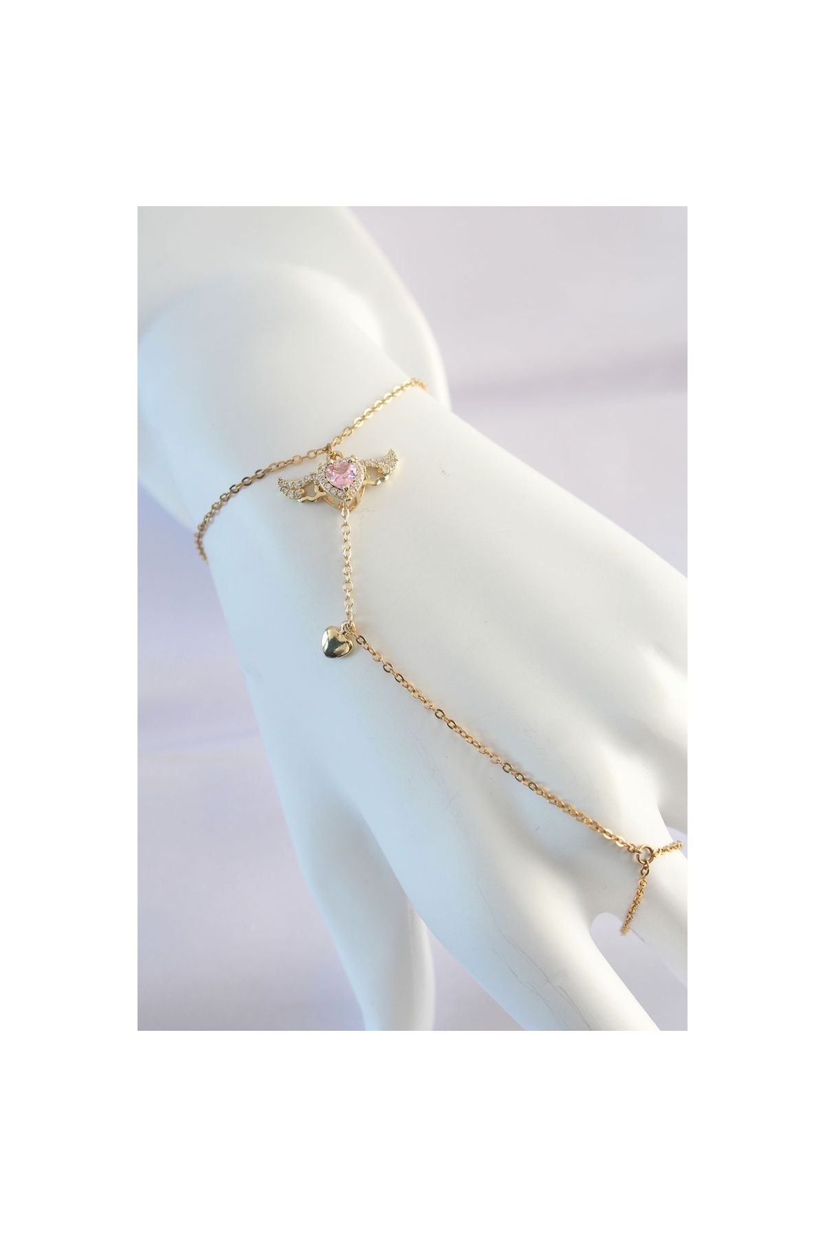 maarketim 316L Çelik Gold Renk Pembe Zirkon Taşlı Kanatlı Kalp Model Şahmeran
