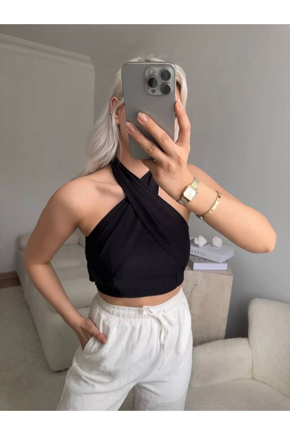 Butik Beyza Keten Boyundan Bağlamalı Bluz