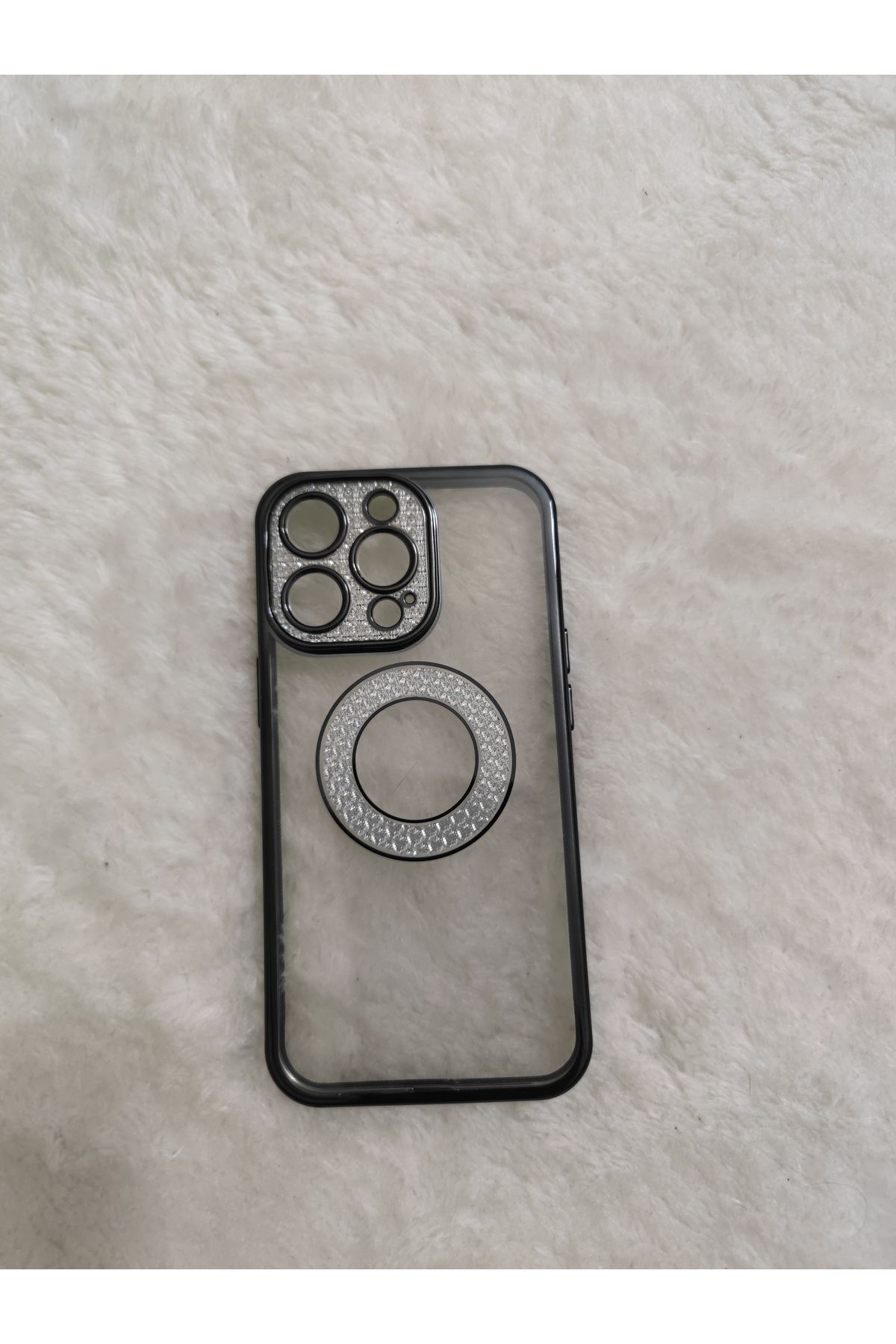 aheaks 13 Pro Uyumlu Logo Kısmı Görünür -Şeffaf Parlak Taşlı Silikon Kenarları Siyah - Kamera Lens Korumalı