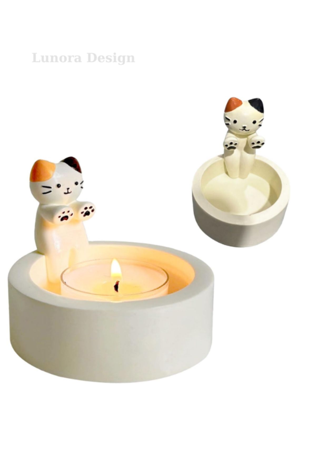 Lunora Design Kedi Figürlü Yuvarlak Tealight Mumluk - Beyaz | Lunora Design
