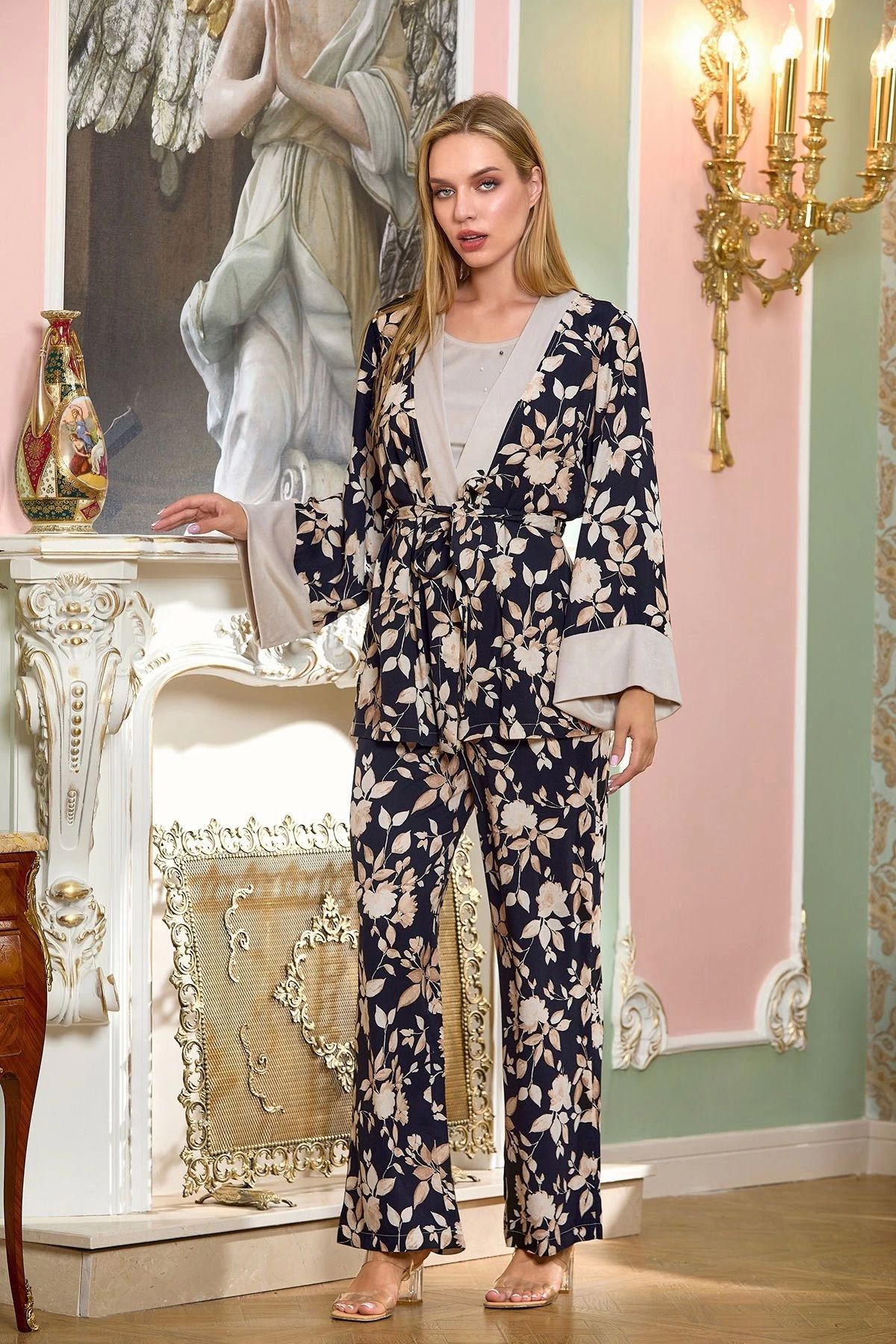Moda Şahsenem Aqua 25197 Saten Desenli Sabahlıklı 3'lü Pijama Takımı