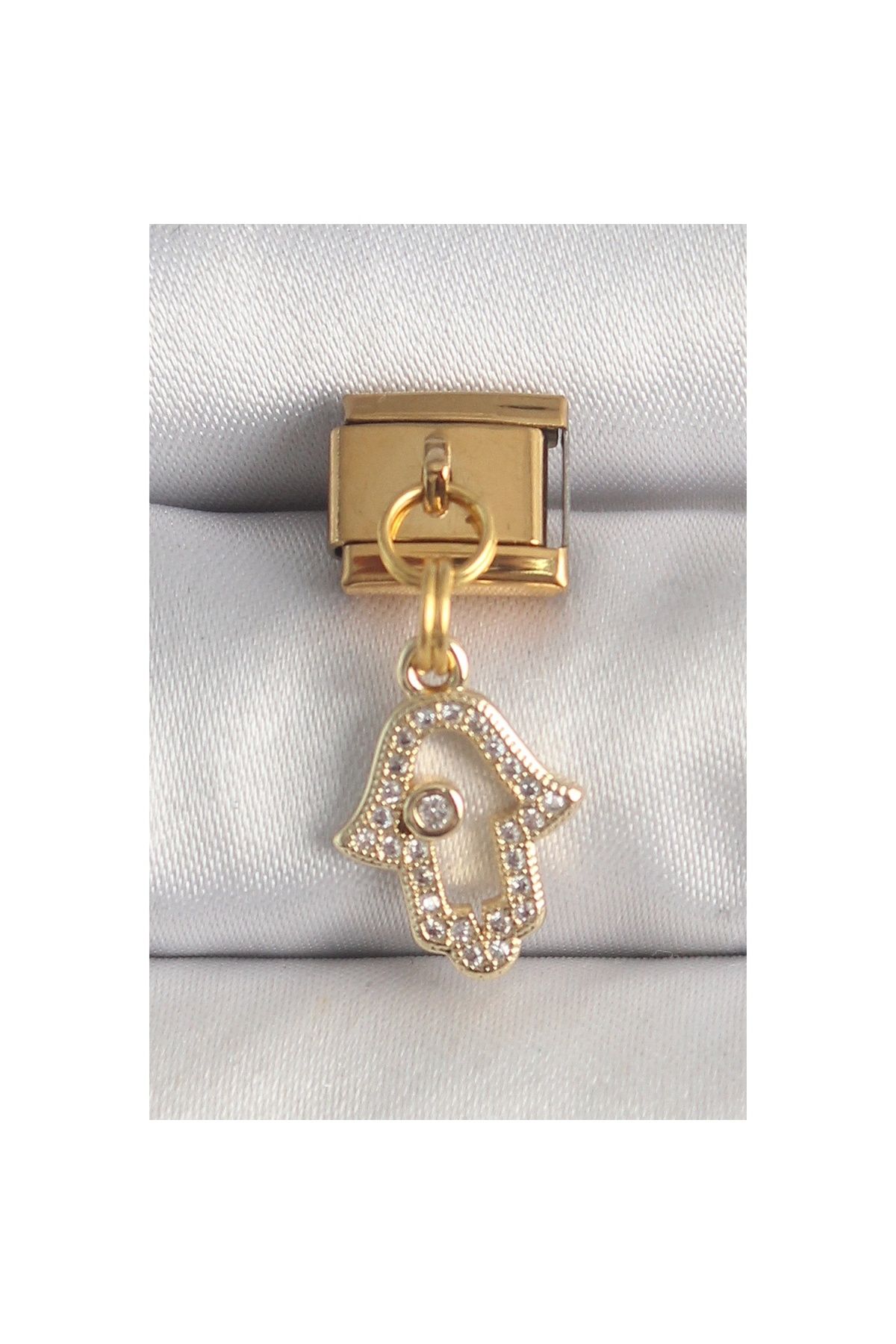 maarketim 316L Çelik Gold Renk Sallantı Zirkon Taşlı Fatma Ana El Model Nomination Charm
