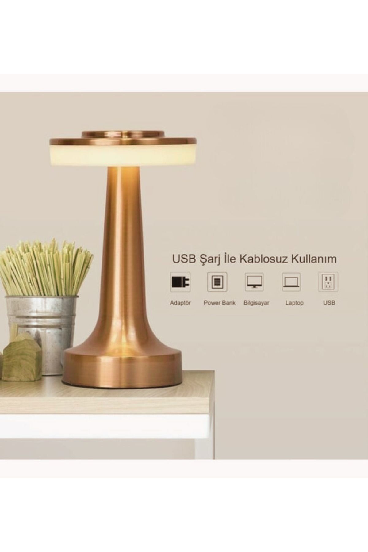 elsmor LED DOKUNMATİK METAL GOLD MASA LAMBASI DEKORATİF AYARLANABILIR IŞIKLI MASA LAMBASI USB ŞARJLI
