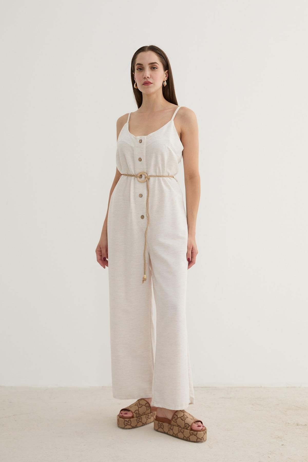 Seçkin Butik Hasır Kemerli Askılı Düğmeli Tulum