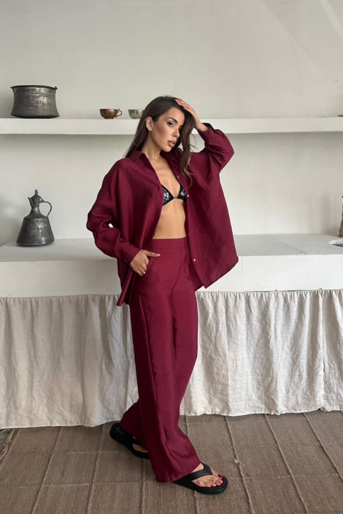 Eserden GÖMLEK-PANTOLON TAKIM CUPRA KUMAŞ - Bordo