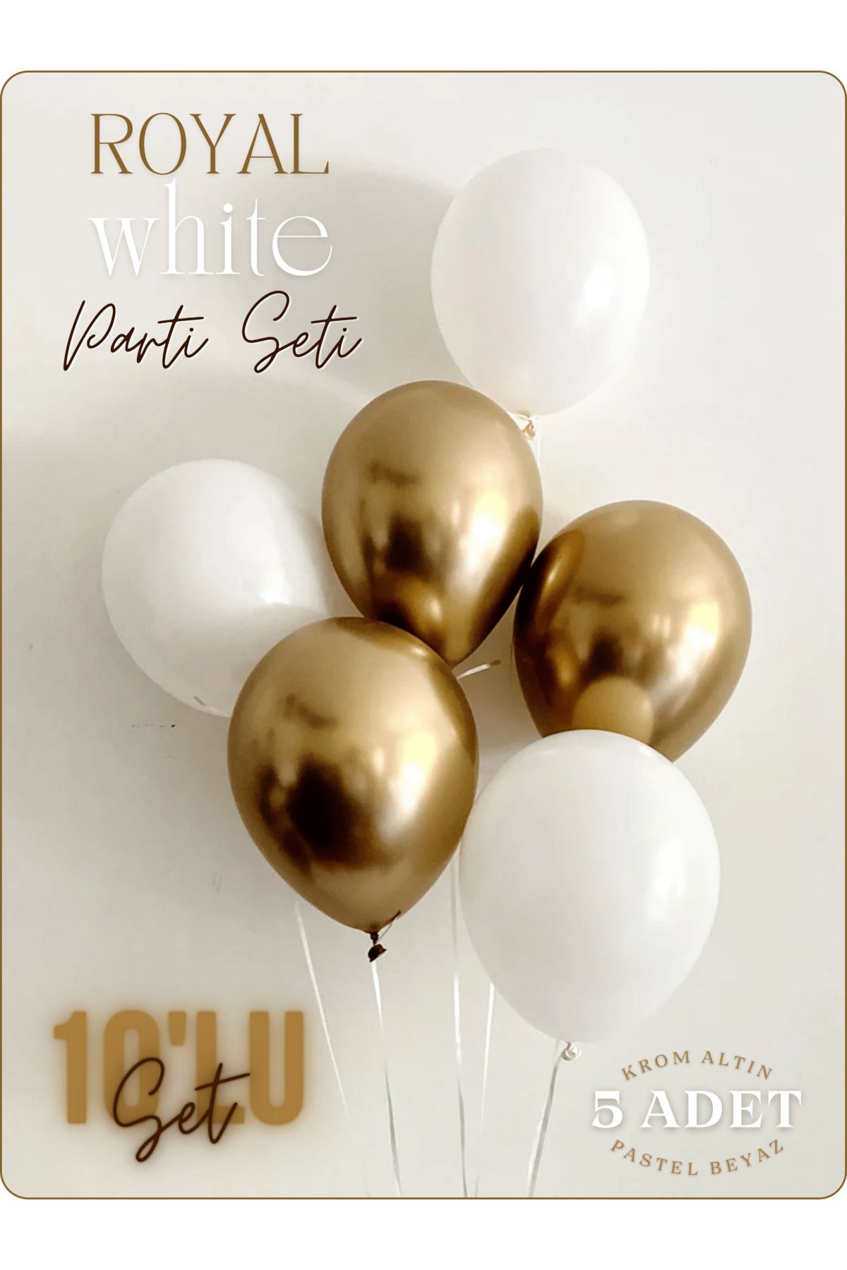 Mielibon 10'lu Royal White Balon Seti – 5 Krom Altın & 5 Pastel Beyaz Balon, Lüks Parti Süsü