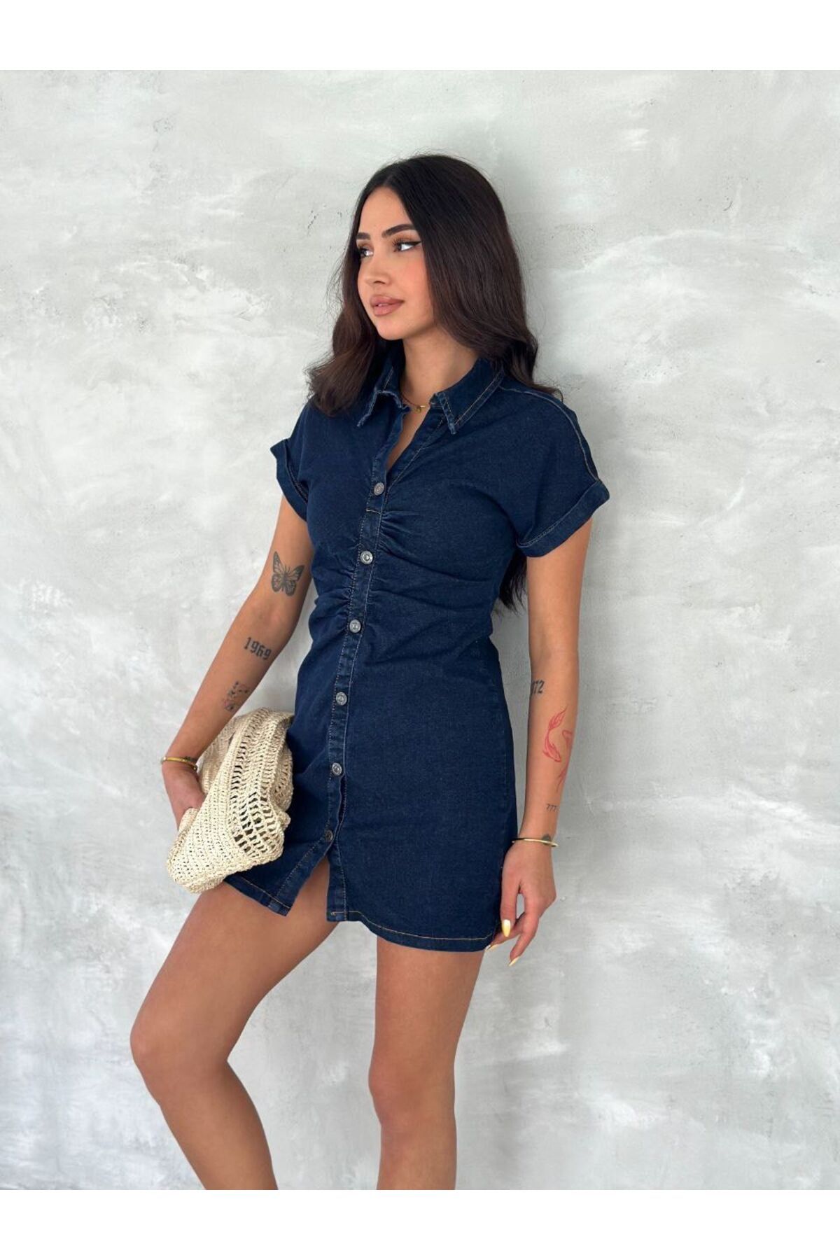 Ekim Store Büzgülü Düğmeli Kısa Kol Denim Elbise