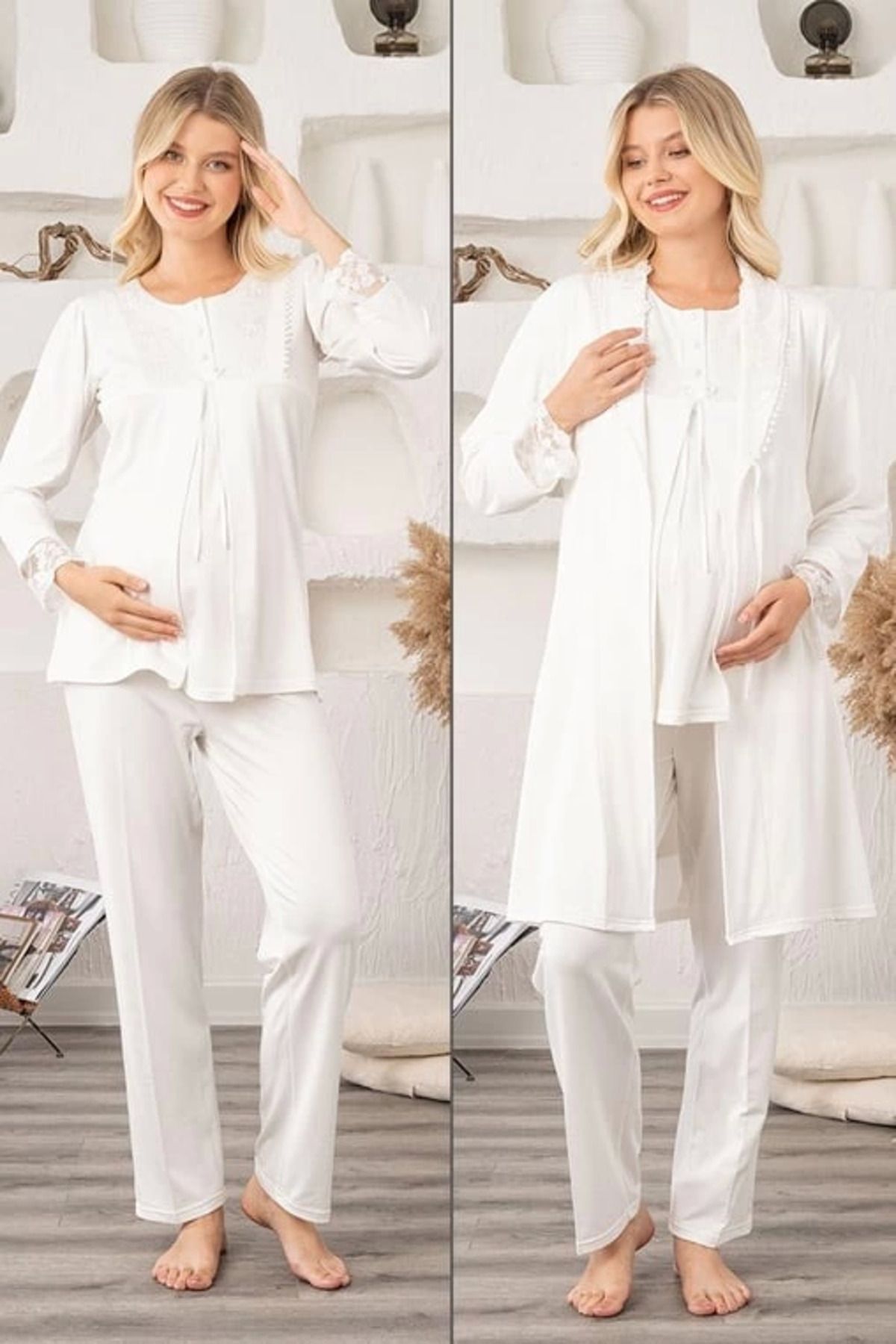 Moda Şahsenem Bone 5905 Kadın Lohusa Viskon Klasik 3'lü Pijama Takımı