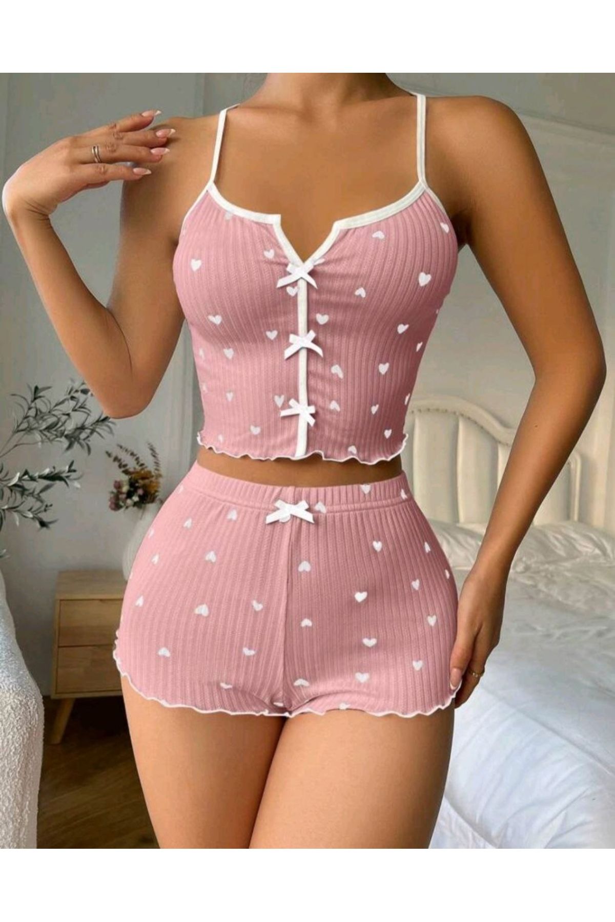 Moda Şahsenem Kadın Pudra Kalpli Gecelik Takım