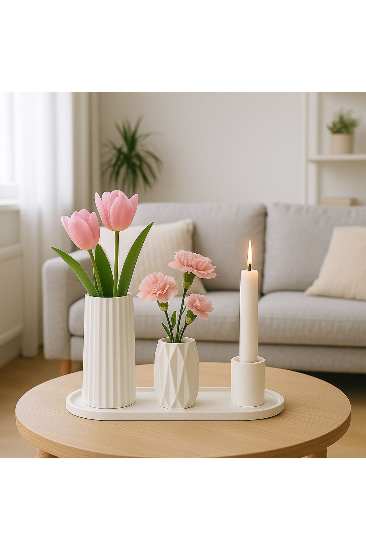 Arteliss Bohem İskandinav Tarzı Modern 3’lü Vazo Şamdan Mum ve Tepsi Seti -Minimal Dekoratif Obje