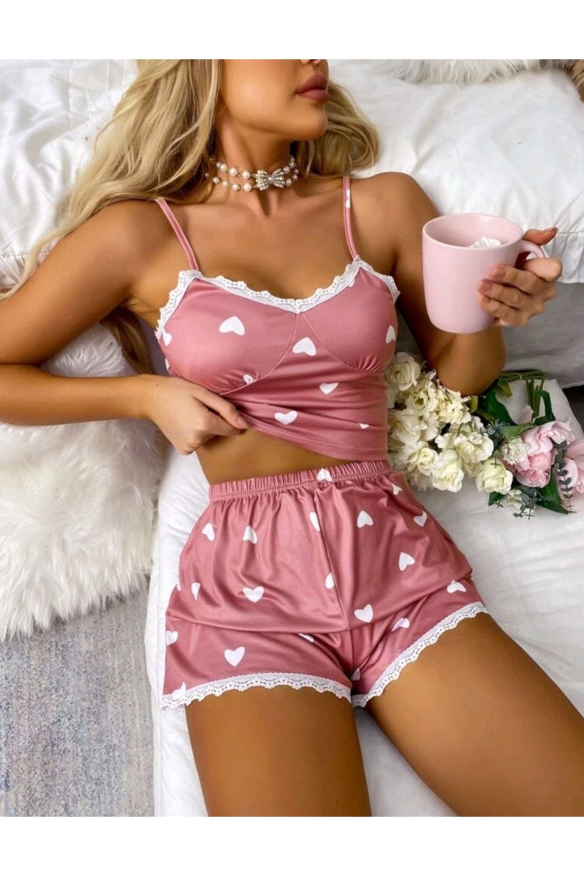 Moda Şahsenem Kadın Pembe Askılı Şortlu Pijama Takım