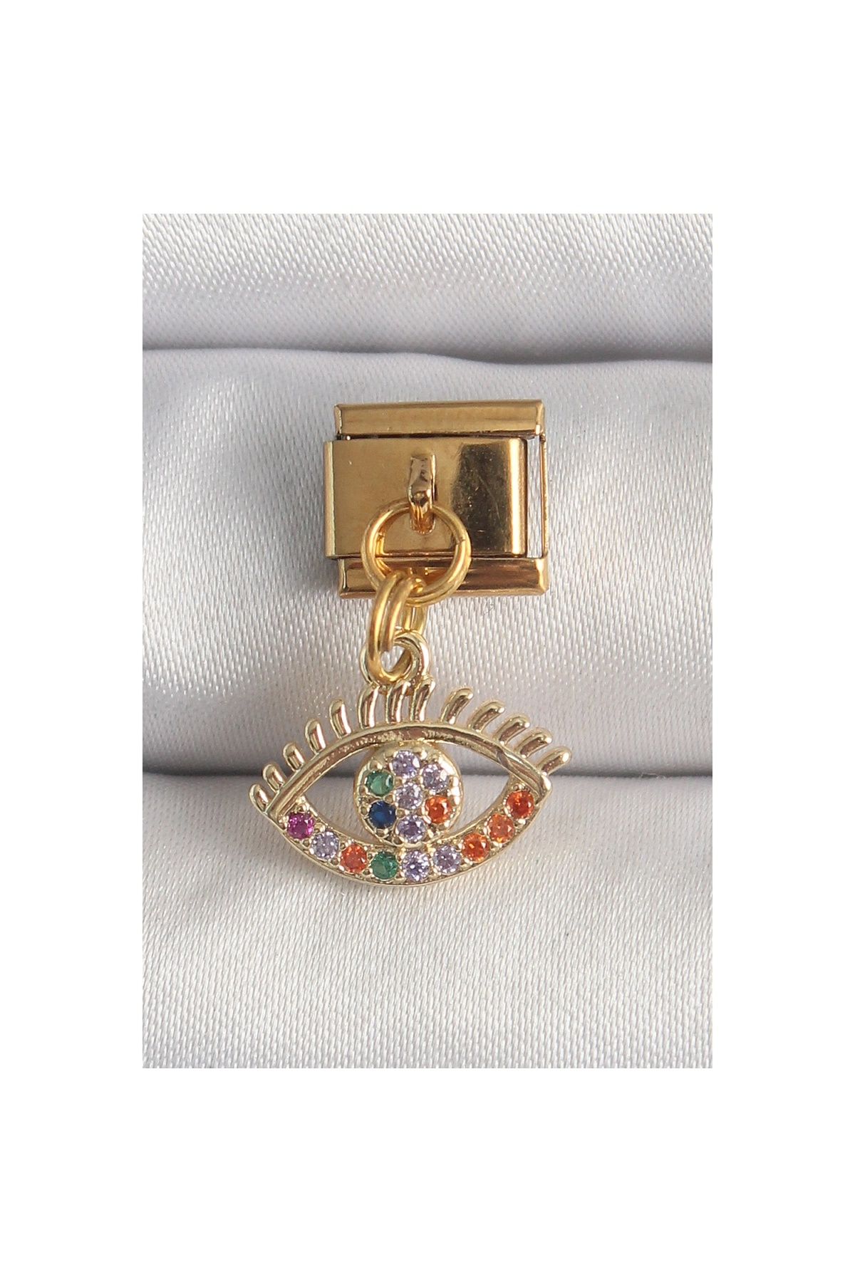 maarketim 316L Çelik Gold Renk Sallantı Renkli Zirkon Taşlı Göz Model Nomination Charm