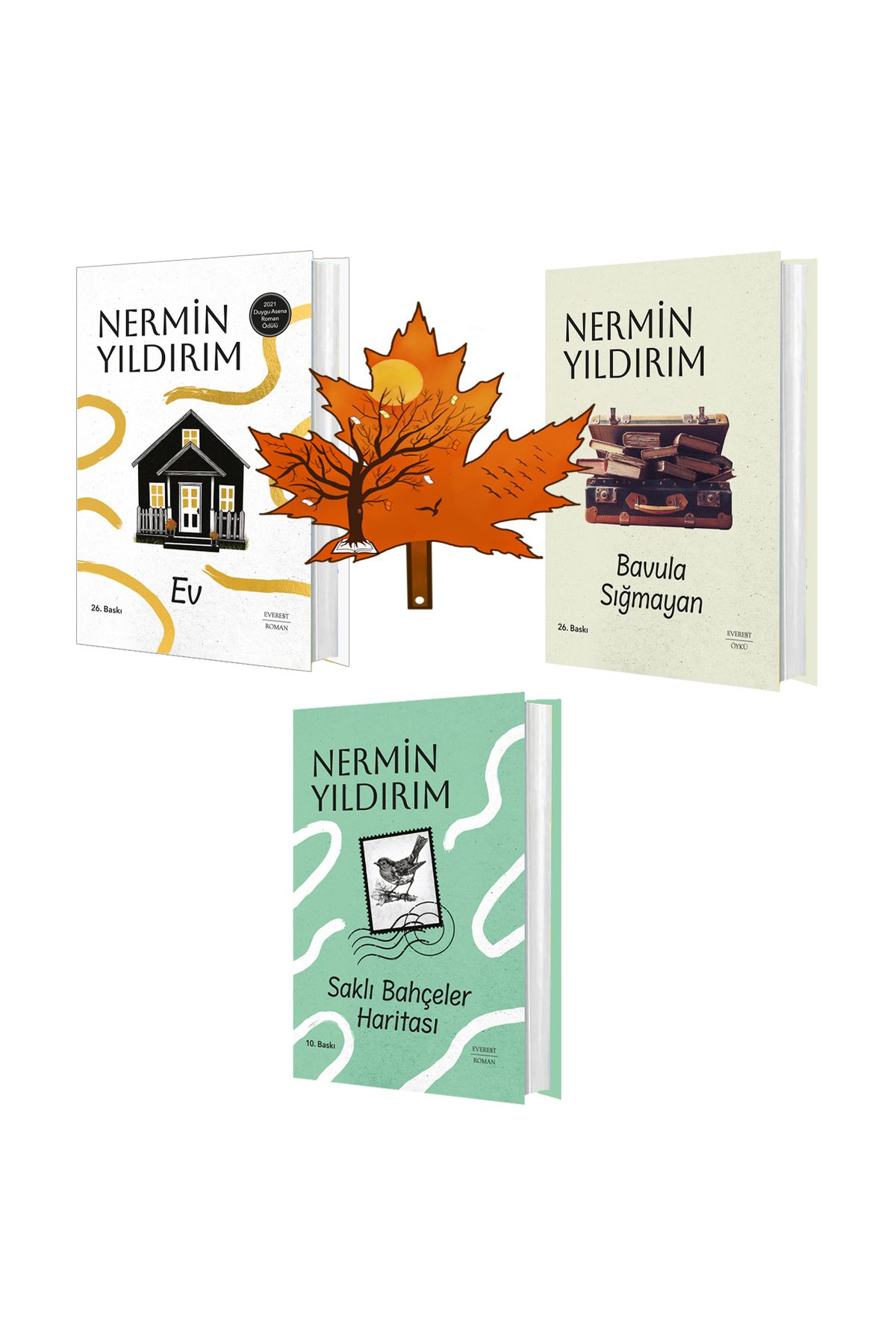 Everest Yayınları nermin yıldırım -ciltli 3 kitap - ev - bavula sığmayan - saklı bahçeler haritası -kitap ayracı ile