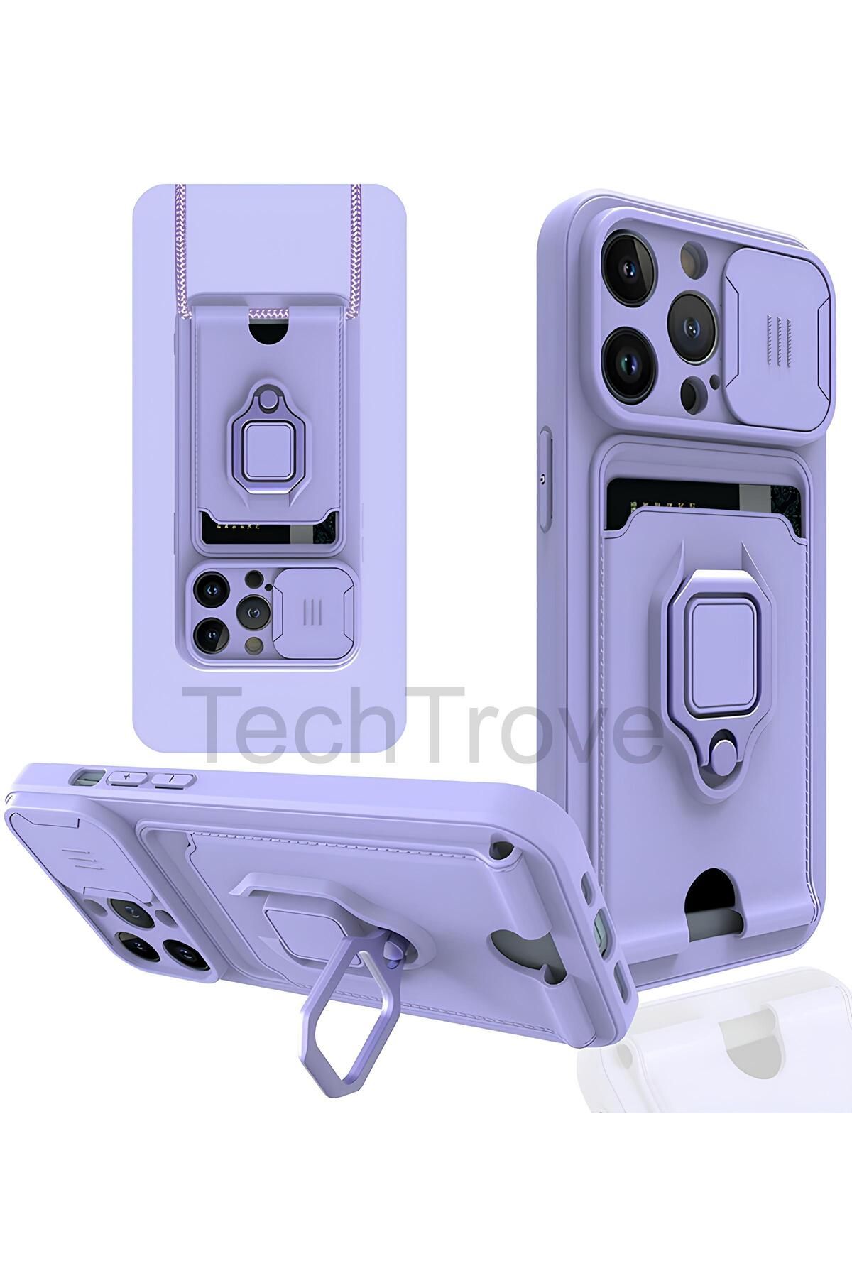 TechTrove iPhone 15 Pro Kılıf Kamera Koruma Sürgülü Kartvizitli Kartlıklı Standlı İpli Renkli Kapak