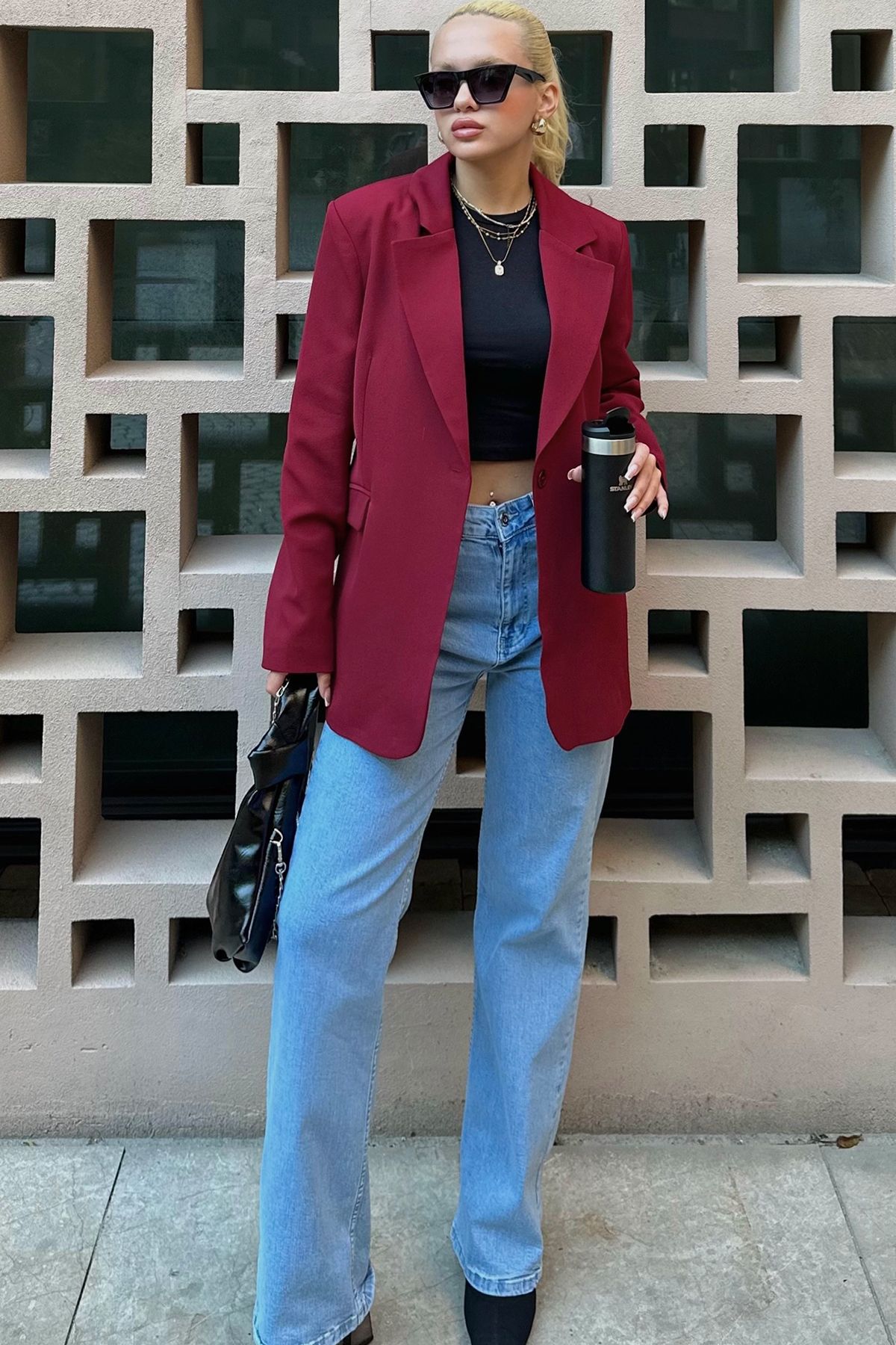 VAGGON Blazer Ceket Crop T-Shirt Çanta Ve 5 Cepli Jean Pantolon Takım Feel The Vibe V00030