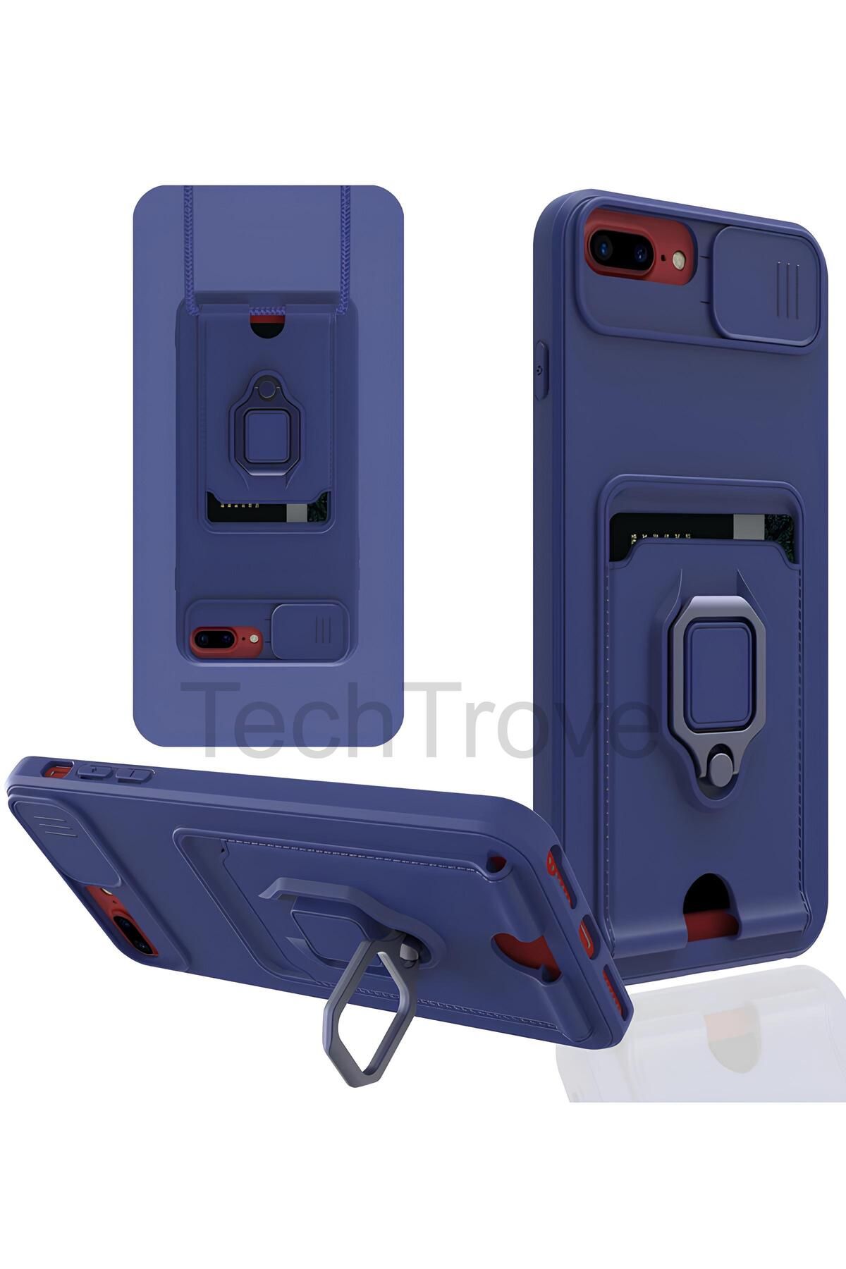 TechTrove iPhone 7 Plus Kılıf Kamera Koruma Sürgülü Kartvizitli Kartlıklı Standlı İpli Renkli Kapak