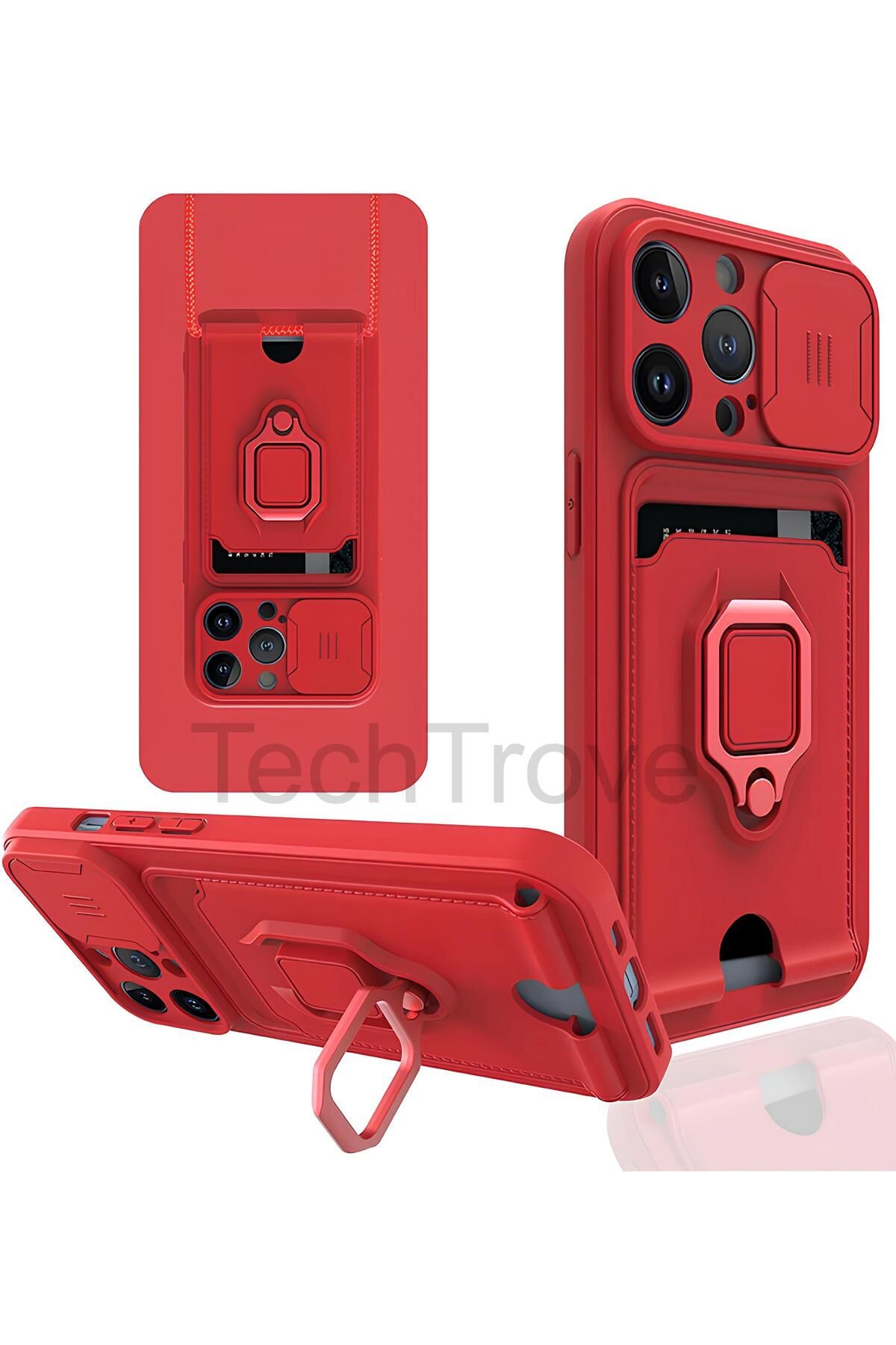 TechTrove iPhone 14 Pro Max Kılıf Kamera Koruma Sürgülü Kartvizitli Kartlıklı Standlı İpli Renkli Kapak
