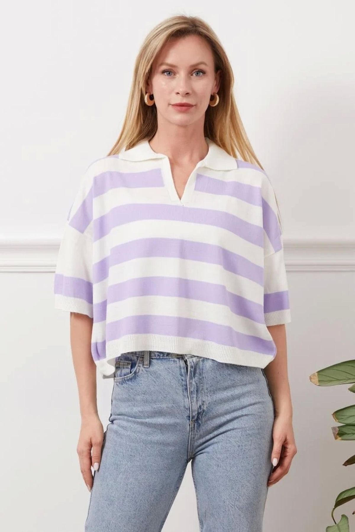 OurStyles Gömlek yaka çizgili triko tişört