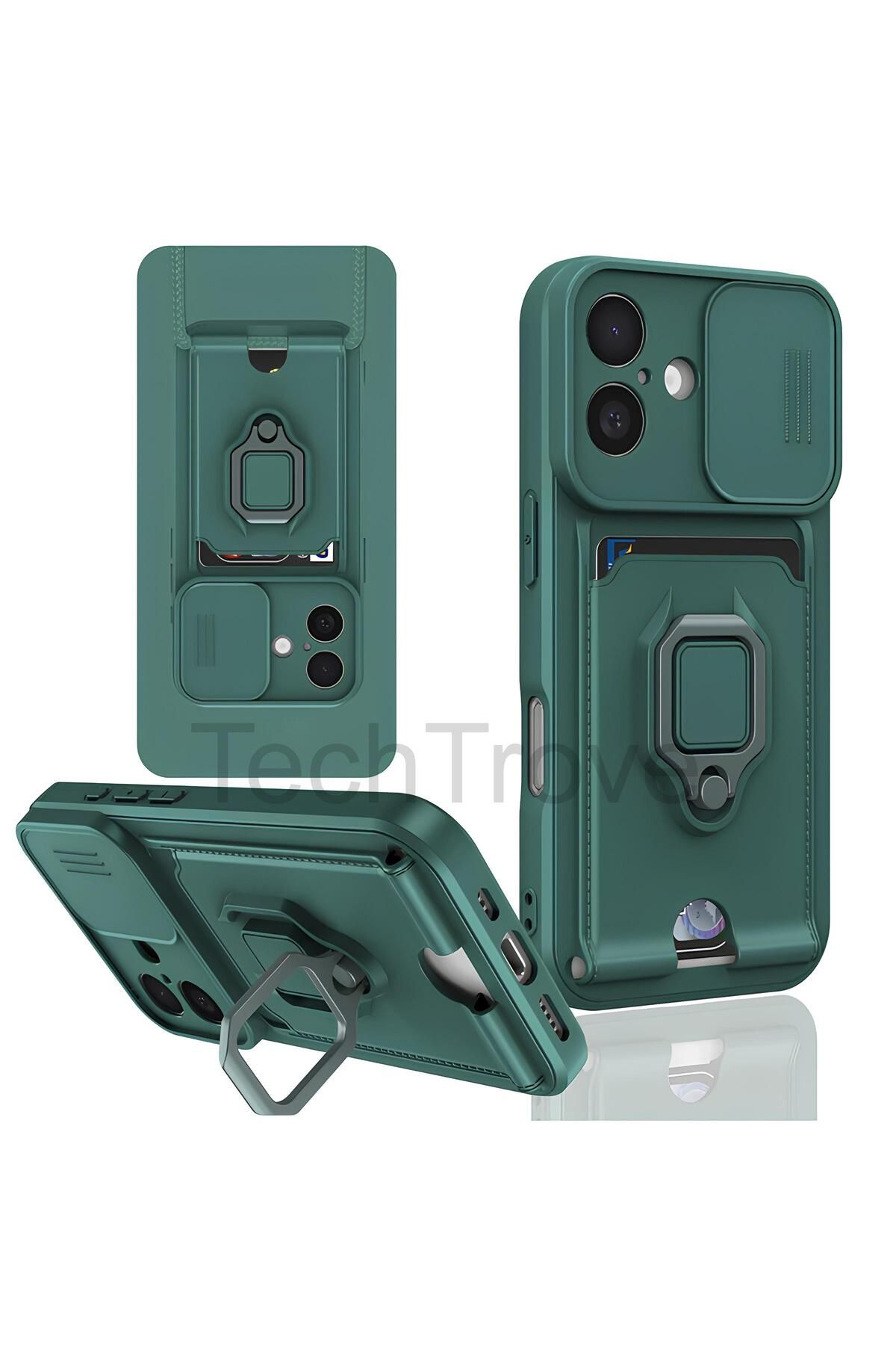TechTrove iPhone 16 Kılıf Kamera Koruma Sürgülü Kartvizitli Kartlıklı Standlı İpli Renkli Kapak
