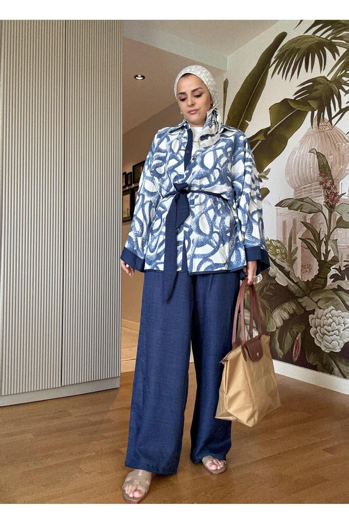 Aselim Hijap Moda Yılan Desenli Pamuk Keten Kimono Takım | Yazlık Rahat Tesettür İkili Takım Lacivert