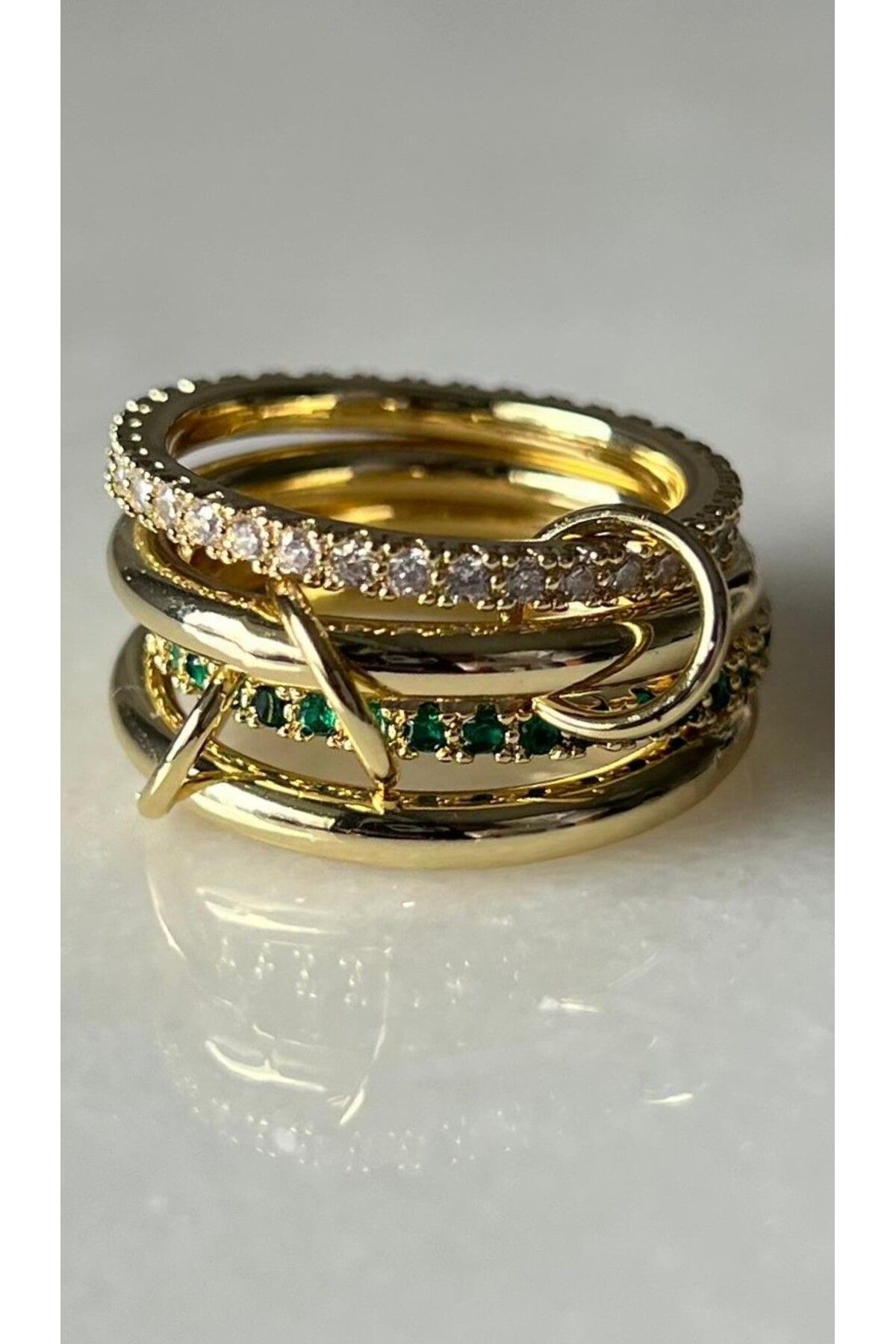 rimeaccessories dörtlü sarmal zirkon yeşil taşlı gold yüzük