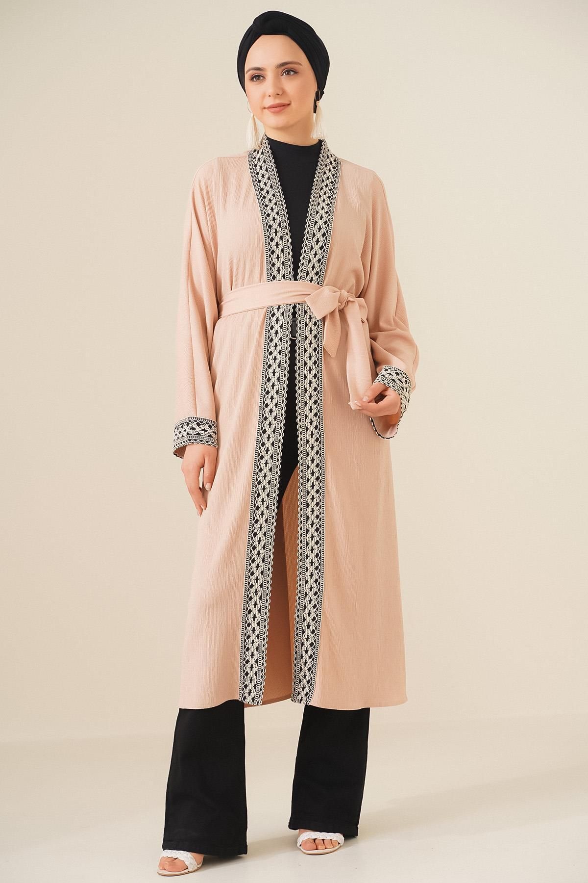 MODAMAİSA Nakışlı Örme Uzun Kimono - Bisküvi