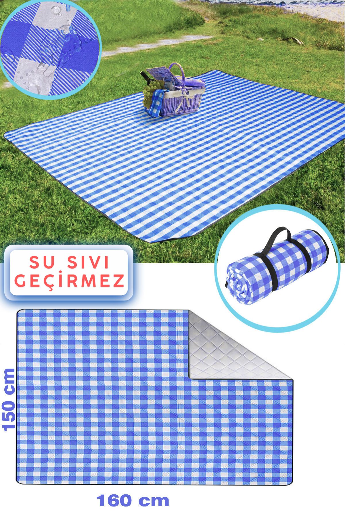 KAŞIKBEY Tuch Piknik Örtüsü Su Geçirmez Kamp Piknik Yer Minderi Kapitone Elyaf 150x160 CM Taşıma Kemerli