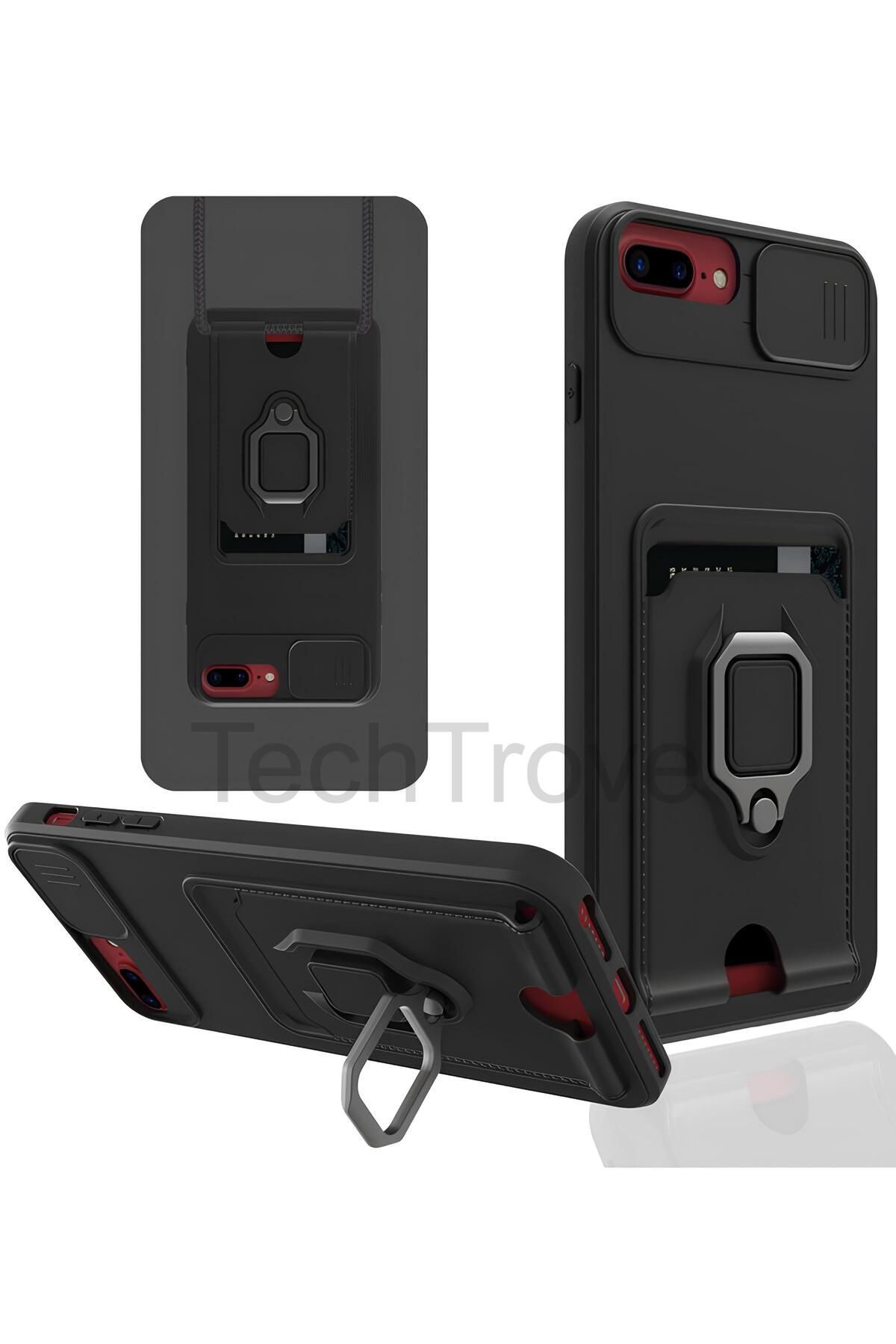 TechTrove iPhone 7 Plus Kılıf Kamera Koruma Sürgülü Kartvizitli Kartlıklı Standlı İpli Renkli Kapak