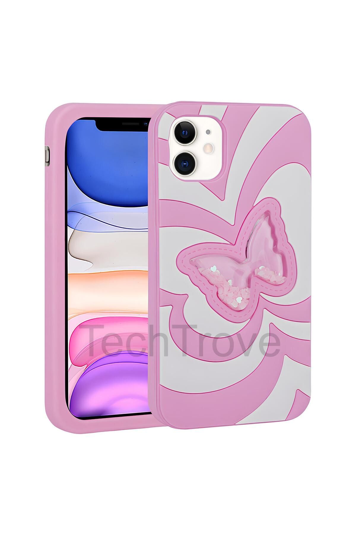 TechTrove Apple iPhone 11 Kılıf Sıvılı Simli Kelebekli Tasarım Vodena Kapak