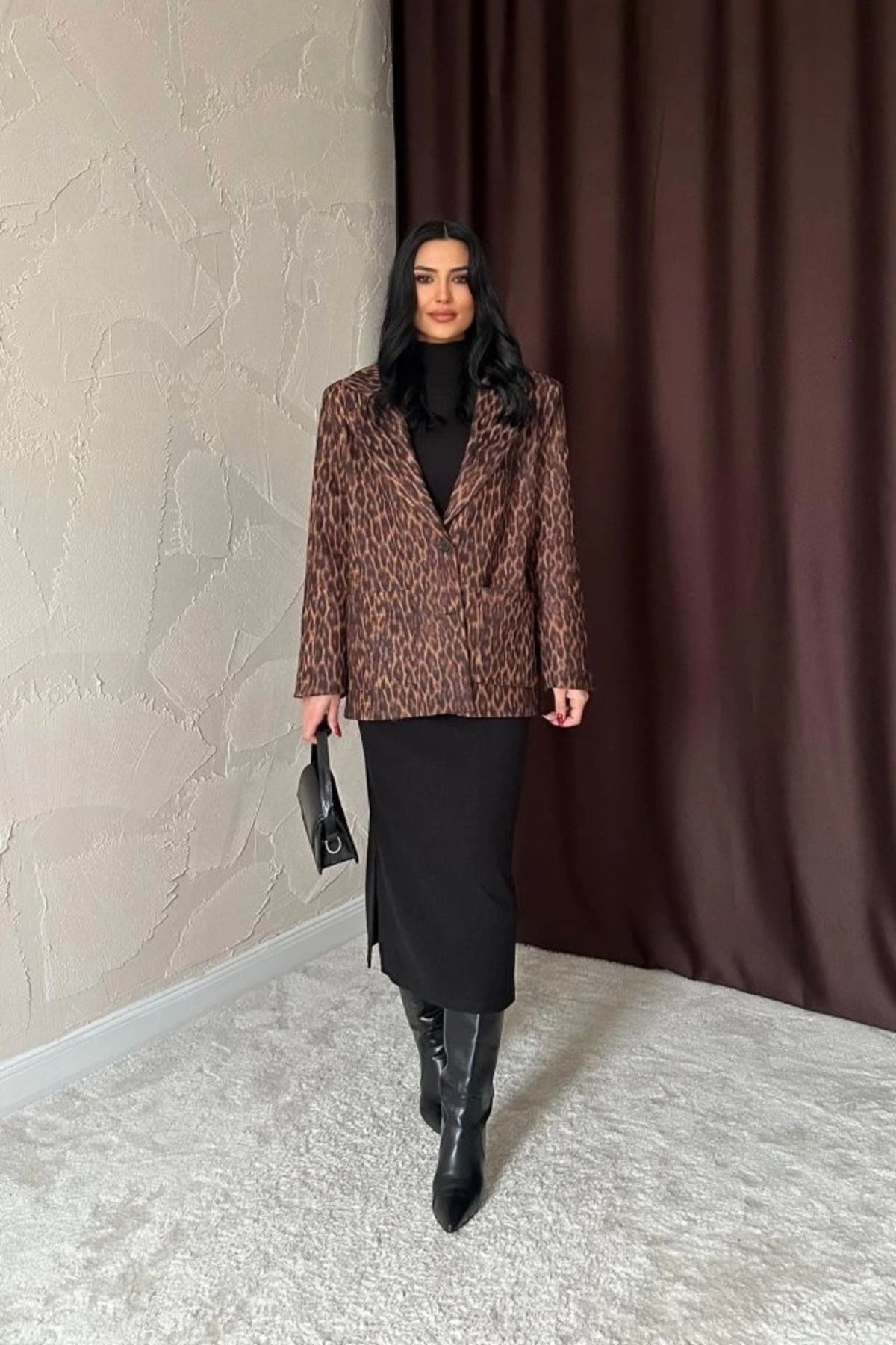 MODA eopar Yakası Kürk Garnili Desenli Ceket