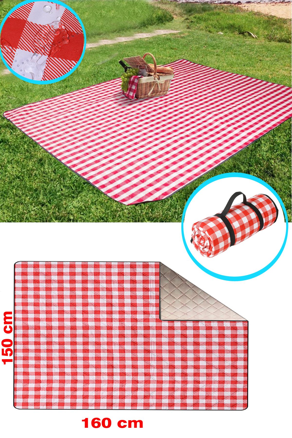 KAŞIKBEY Kapitone Elyaf Bahçe Masa Yer Piknik Örtüsü Su Geçirmez Kamp Matı Taşıma Kemerli 160x150 cm KIRMIZI