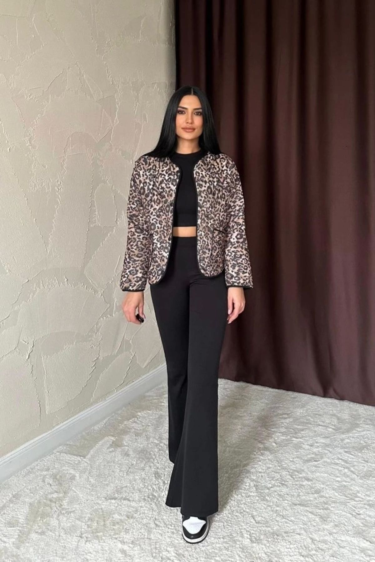 MODA Leopar Leopar Desenli Kapitone Ceket