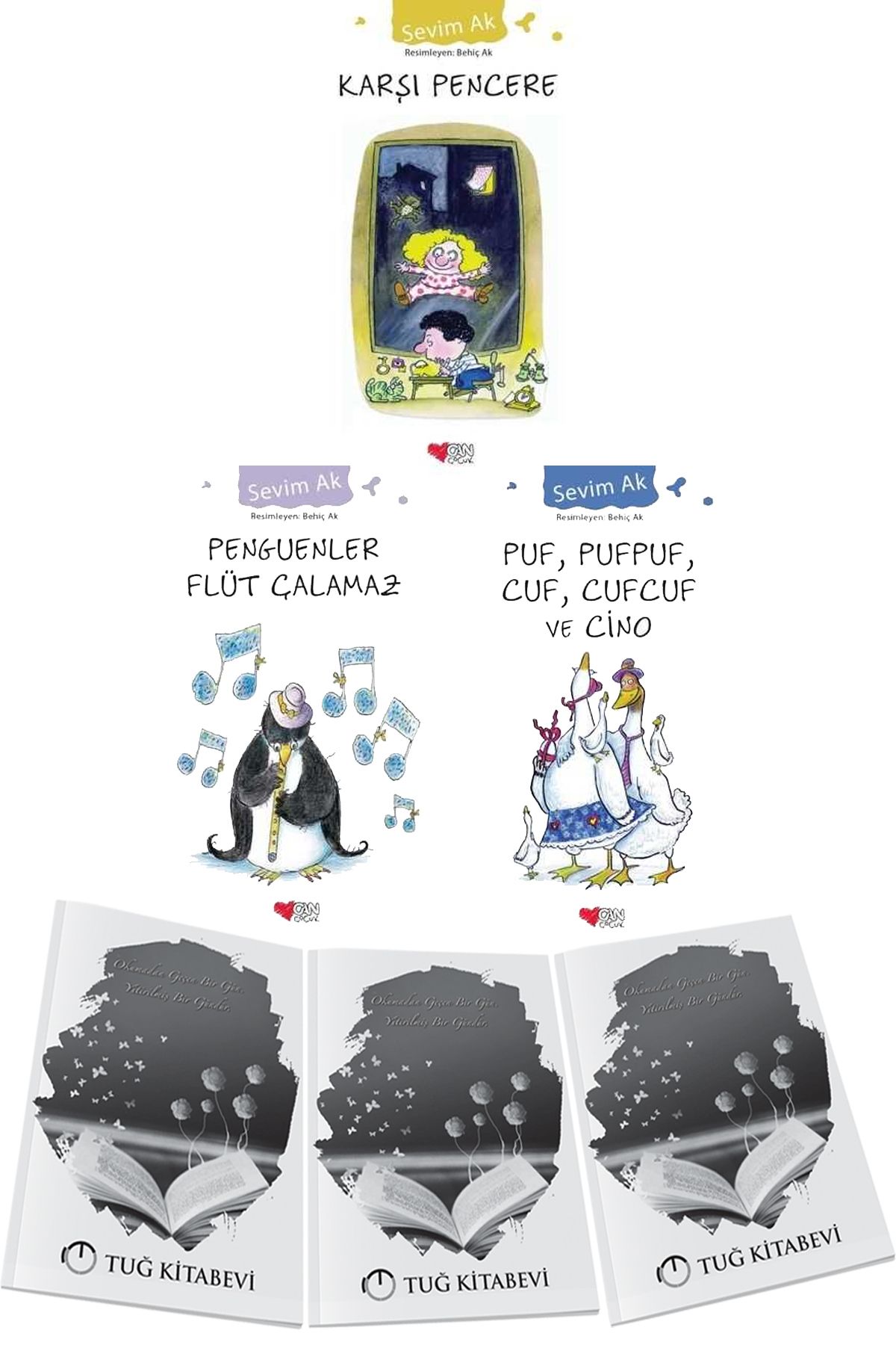 Can Yayınları Karşı Pencere-Penguenler Flüt Çalamaz-Puf, Pufpuf, Cuf, Cufcuf ve Cino 3lü Set Sevim Ak + Hediyeli