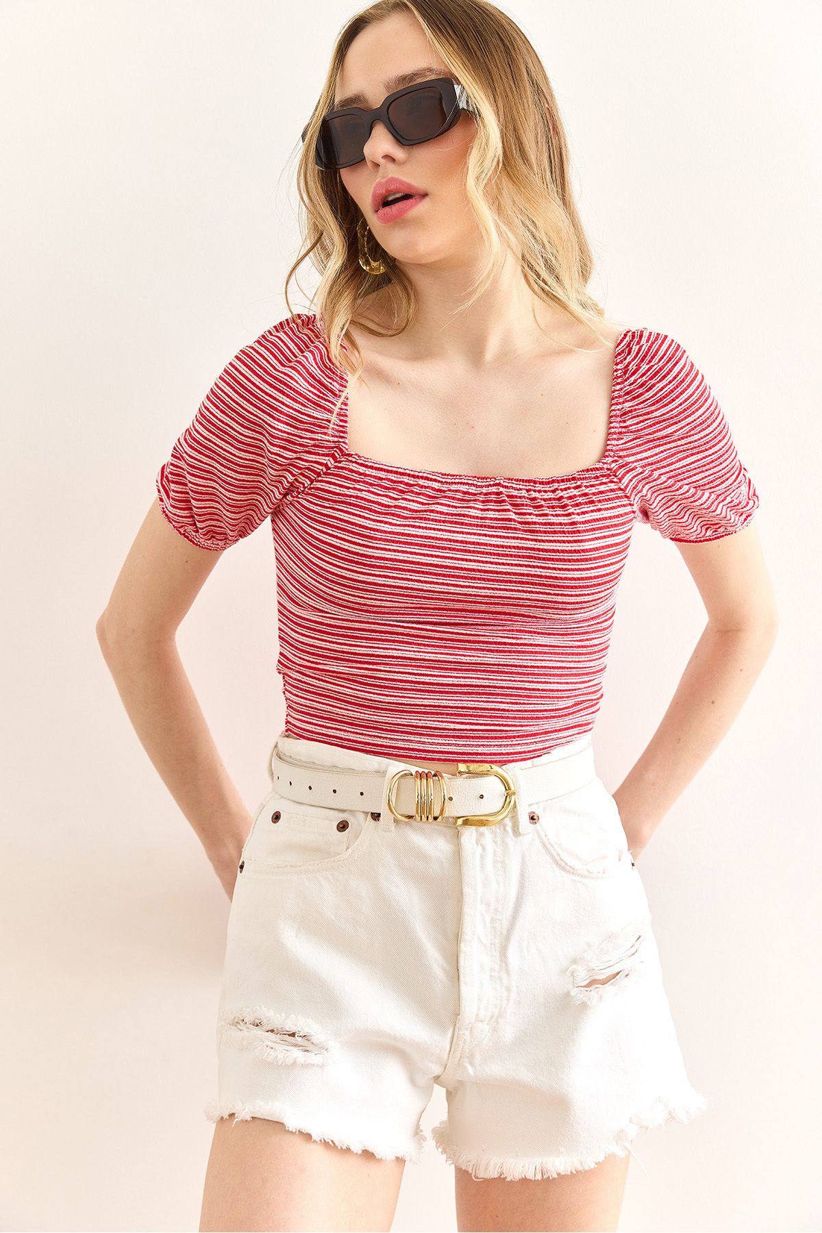 Olalook Kadın Kırmızı Çizgili Çizgili Crop Örme Bluz BLZ-19002993