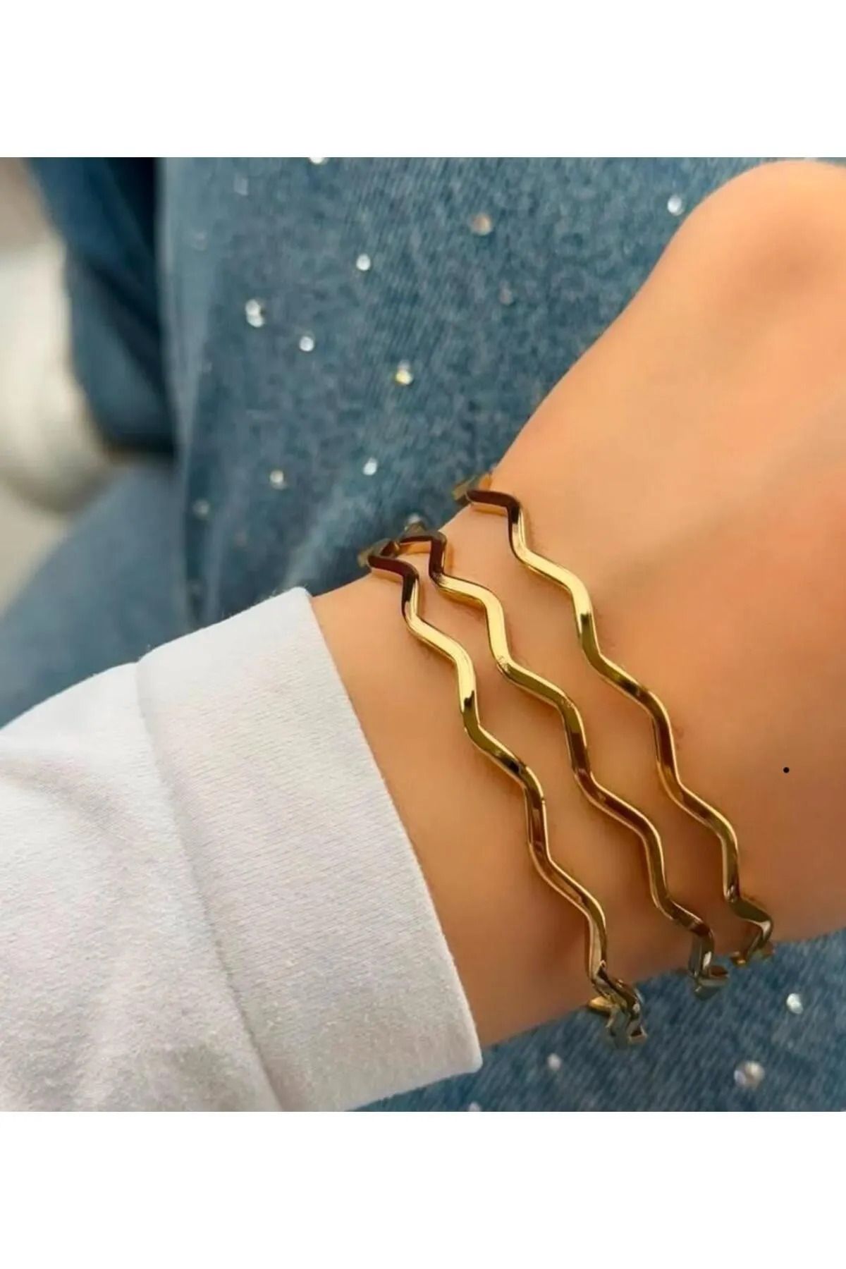 LAVİNYAMJEWELLERY 3'Lü Zigzag Çelik Gold Ajda Bilezik Kararma Yapmaz