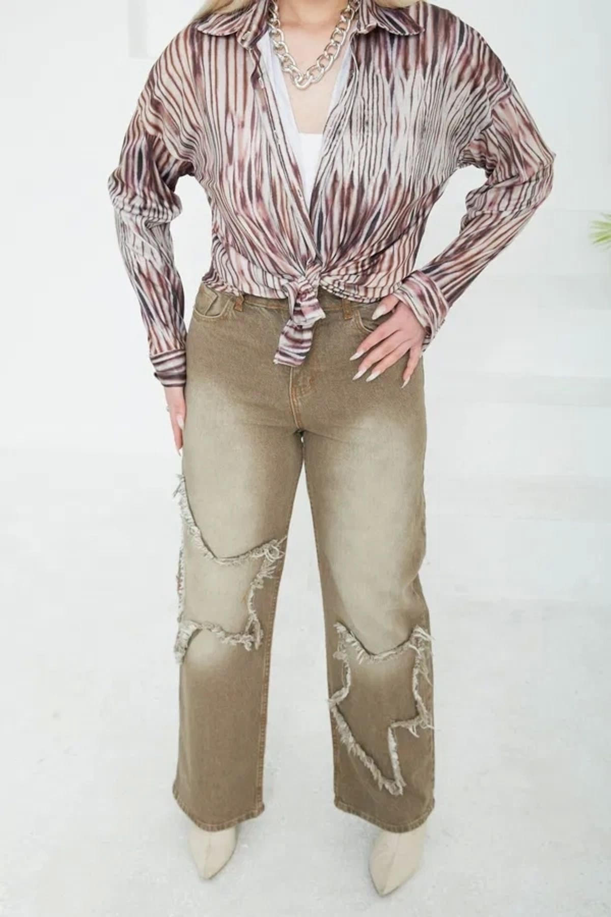 OurStyles Kadın Yüksel Bel Püskül Detaylı Palazzo Jean Kot Pantolon