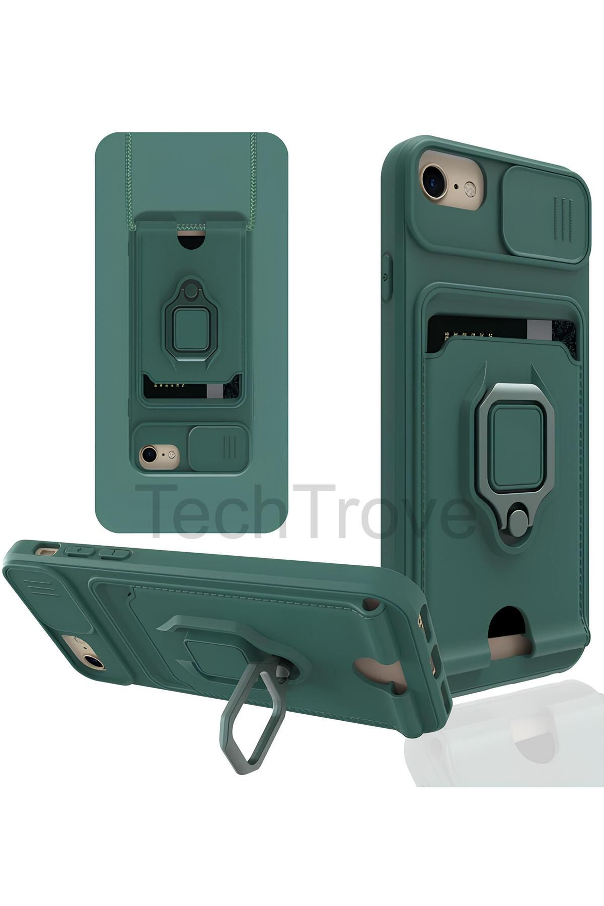 TechTrove iPhone 8 Kılıf Kamera Koruma Sürgülü Kartvizitli Kartlıklı Standlı İpli Renkli Kapak
