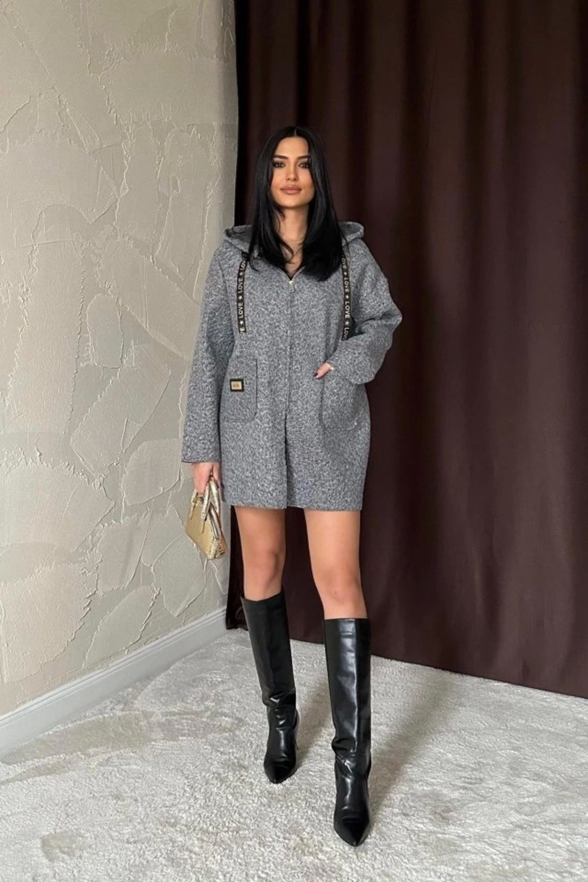 MODA Gri Armalı Kapşonlu Peluş Ceket